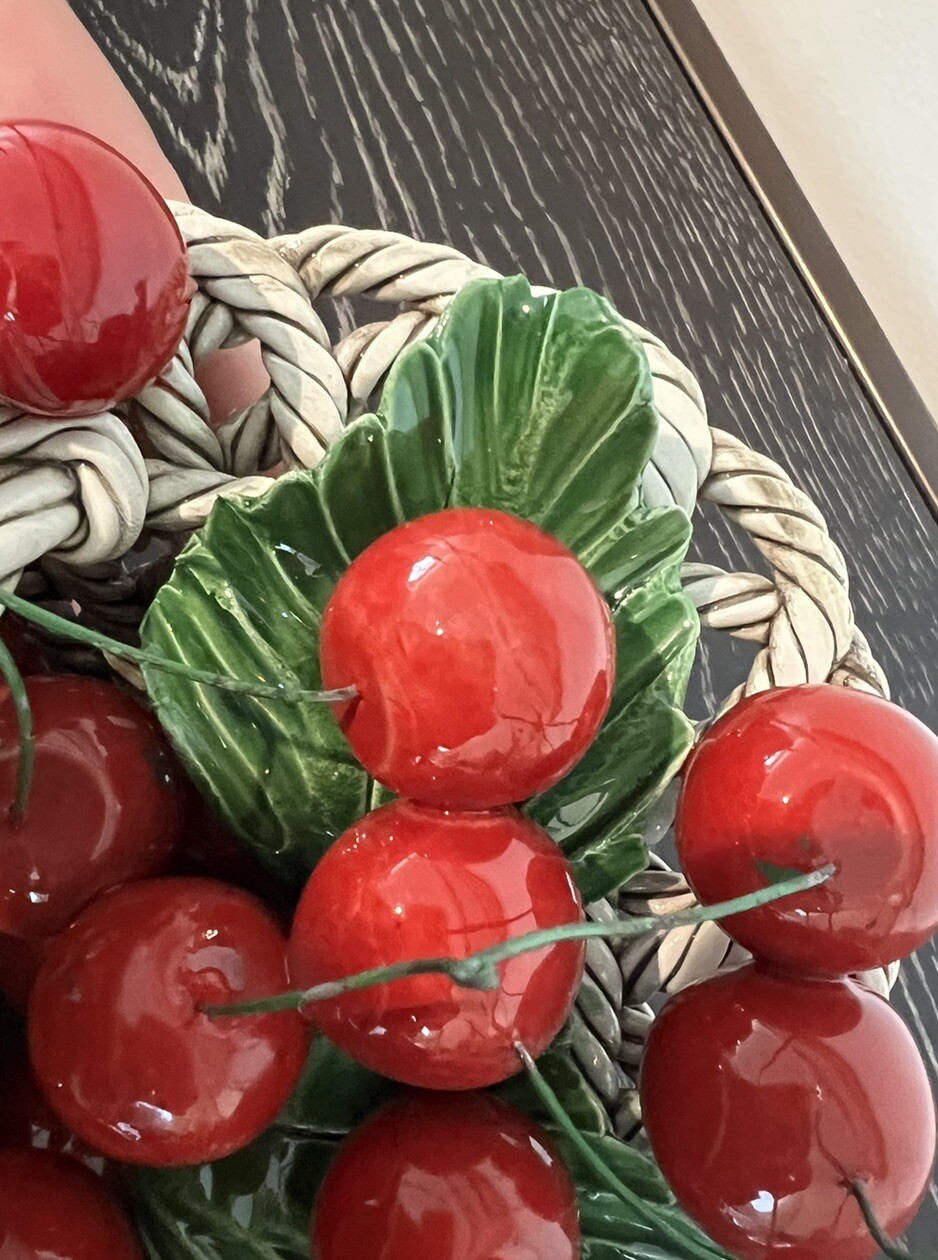 Bassano Ceramic Art Cherries in White Basket Centerpiece Made in Italy