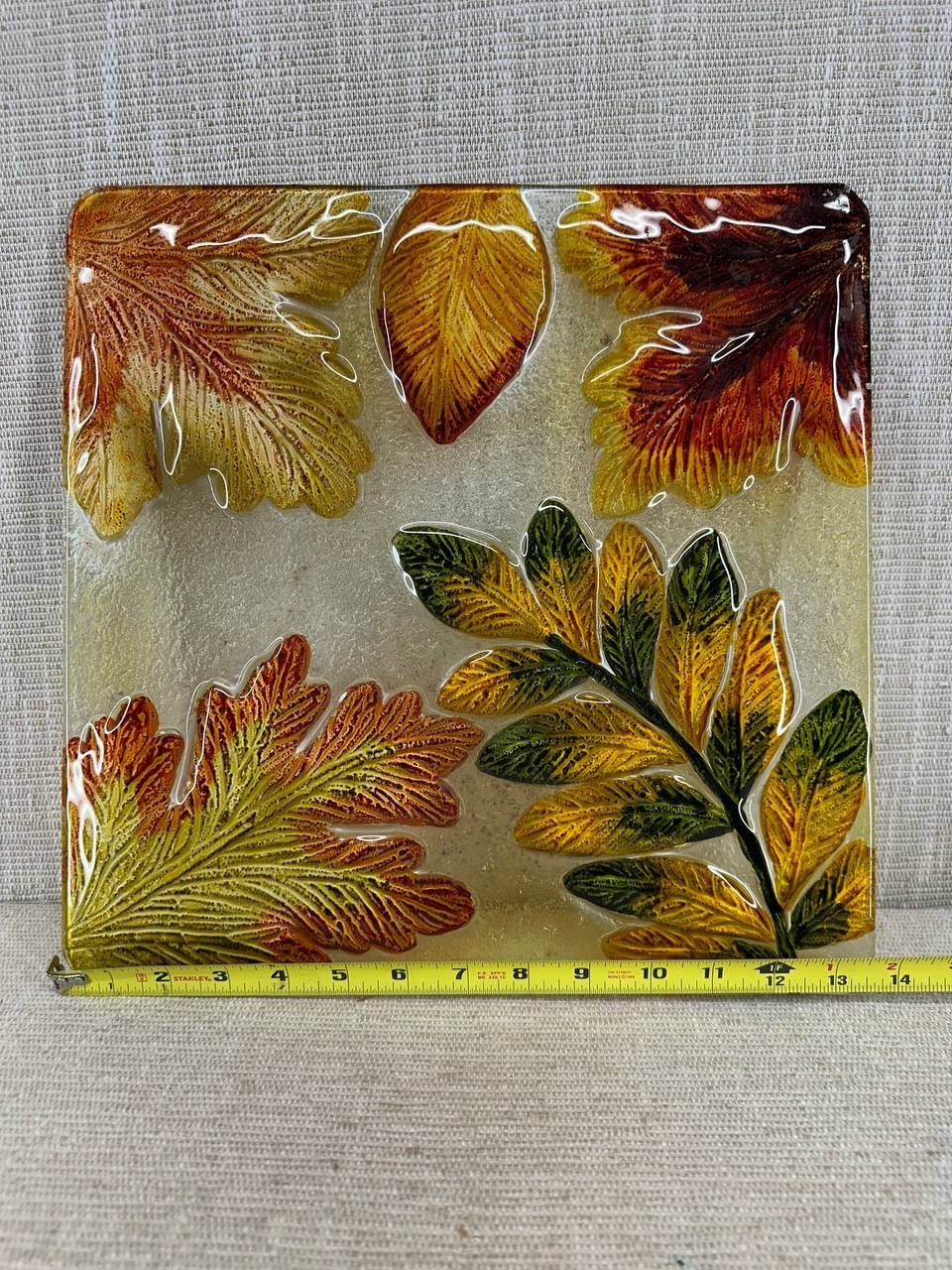 Decorative Glass Panel Autumn Leaves Handmade Art Tile 12” / 039-3