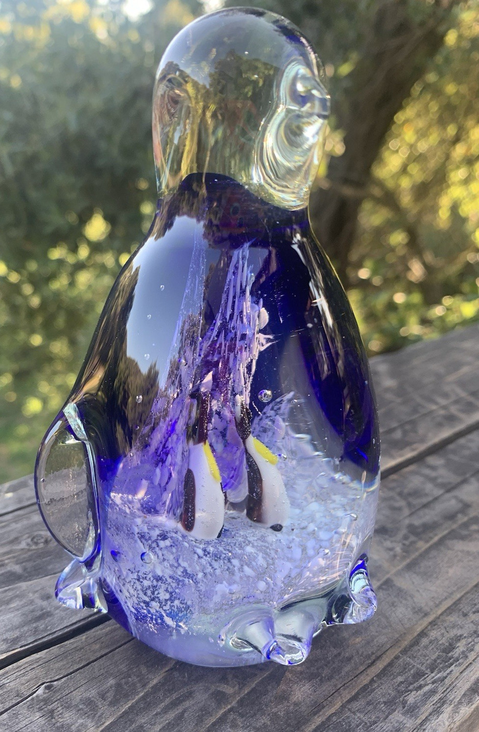 Cobalt Blue Art Glass Mom Penguin & Babies Figurine Paperweight 5” Vintage