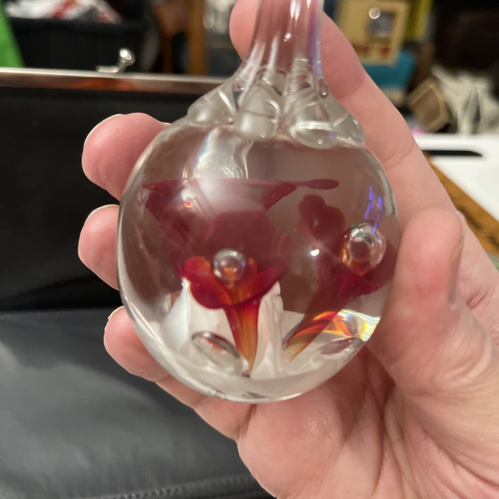 Art Glass Red White Floral Paperweight Teardrop Glass 4” Ring Holder