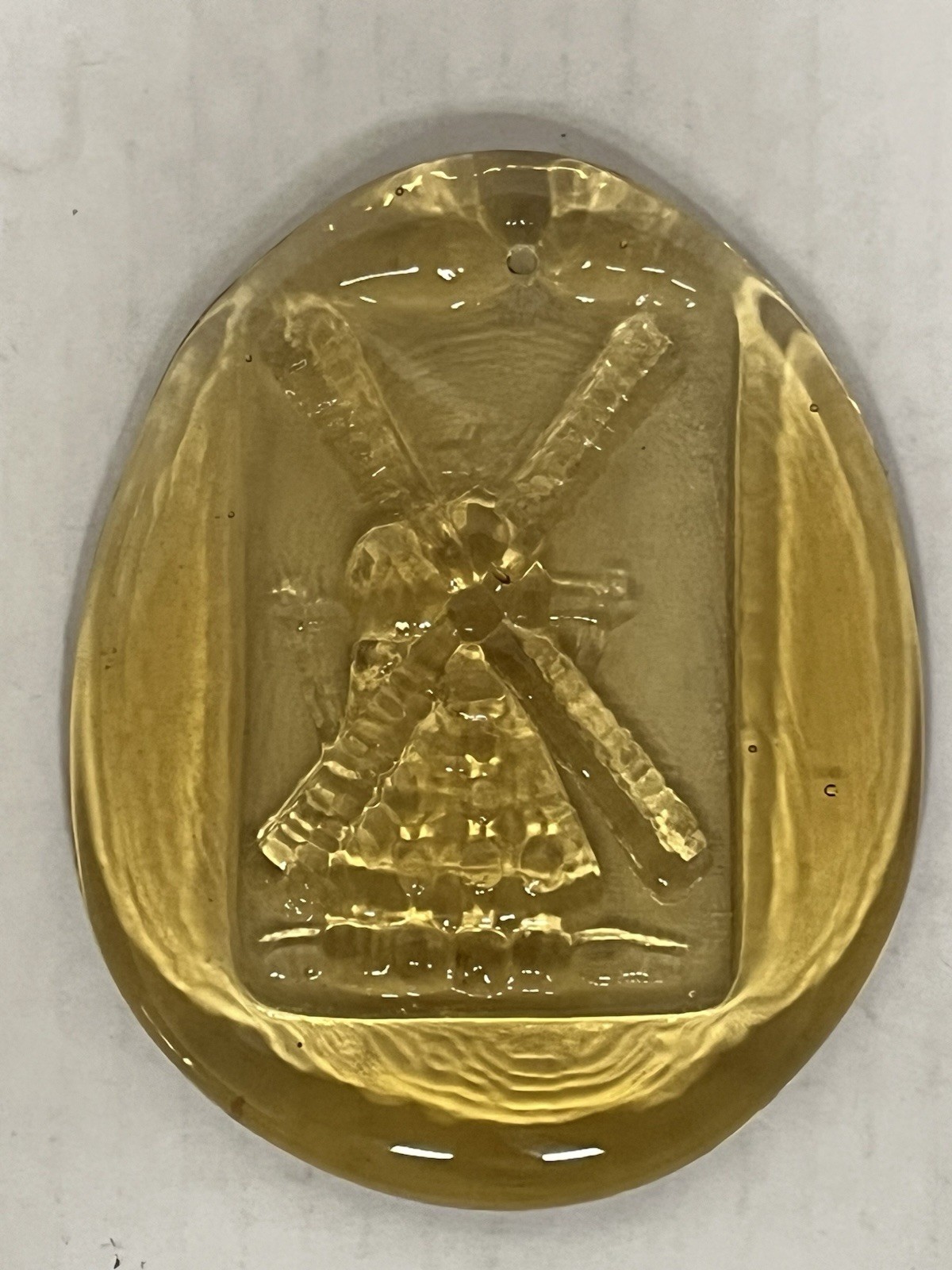 Thick Pressed Art Glass Suncatcher Yellow Windmill Medallion Ornament 4.5″