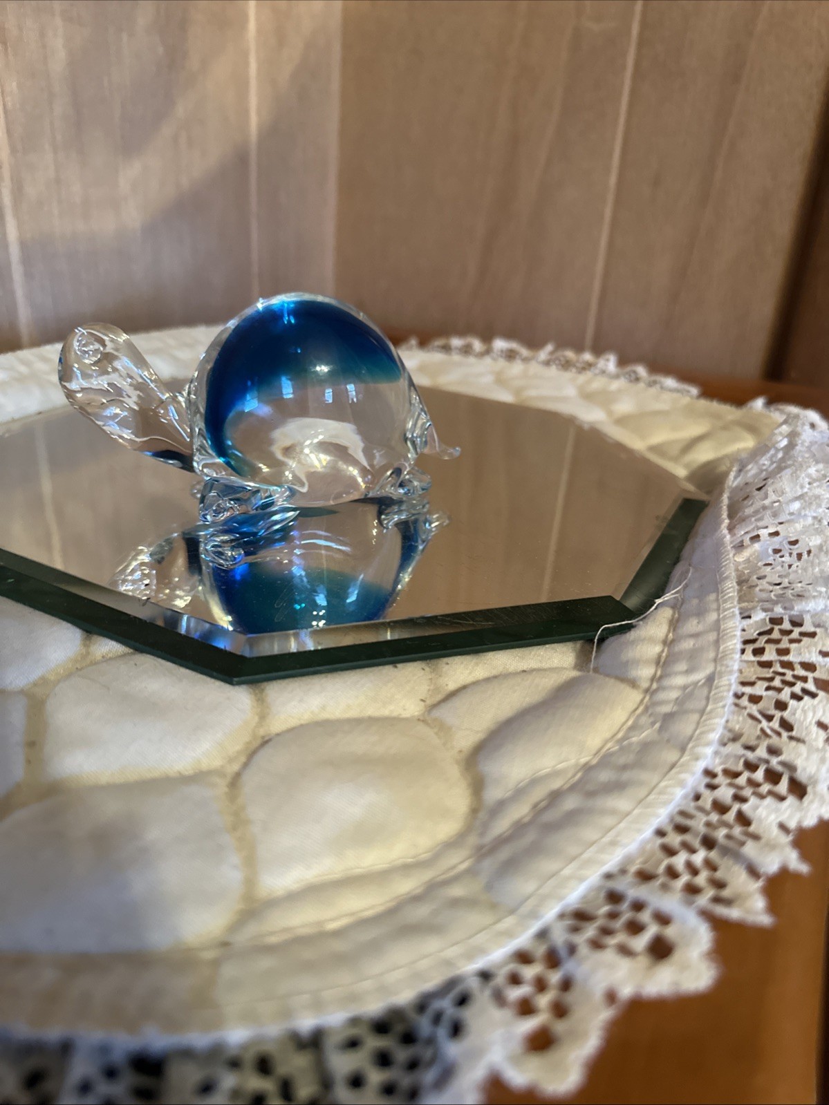 Hand Blown Art Glass Smiling Sea Turtle Paperweight Clear Turquoise Blue