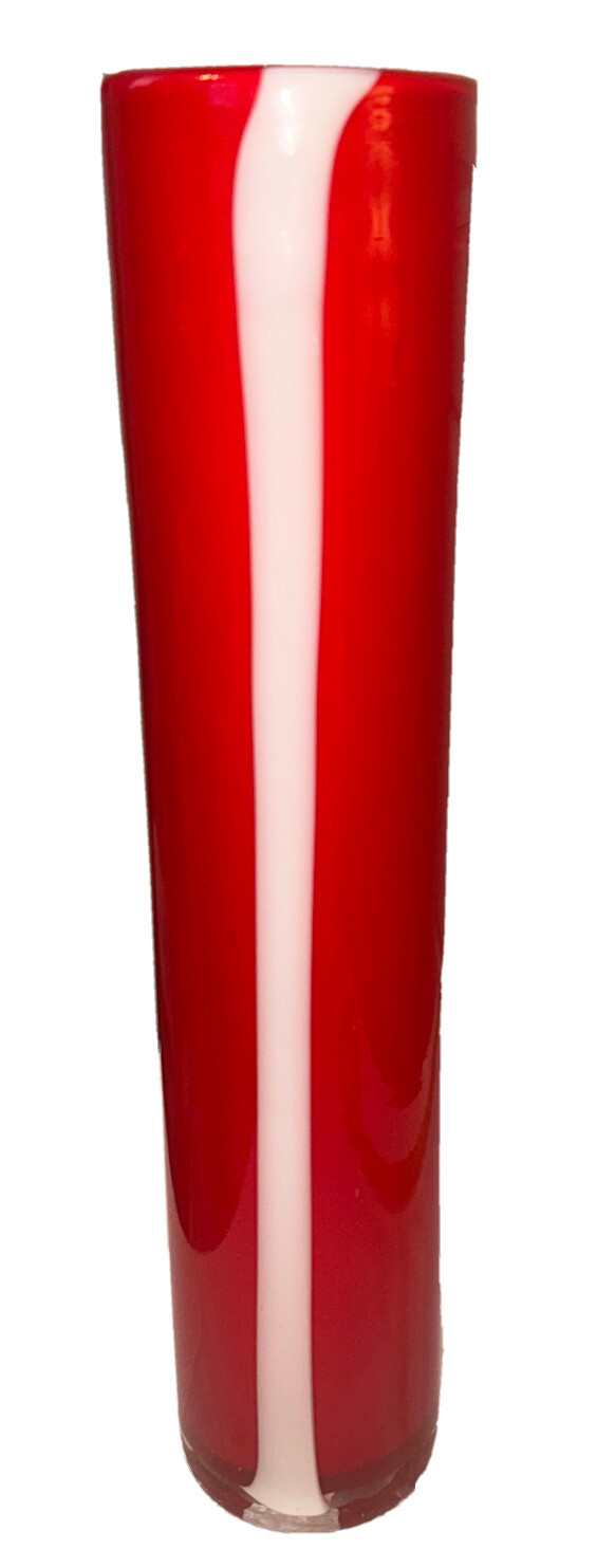 Red Fused Art Glass Cylinder Vase with White Accent Stripe, 15.75” H 3 1/4” dia