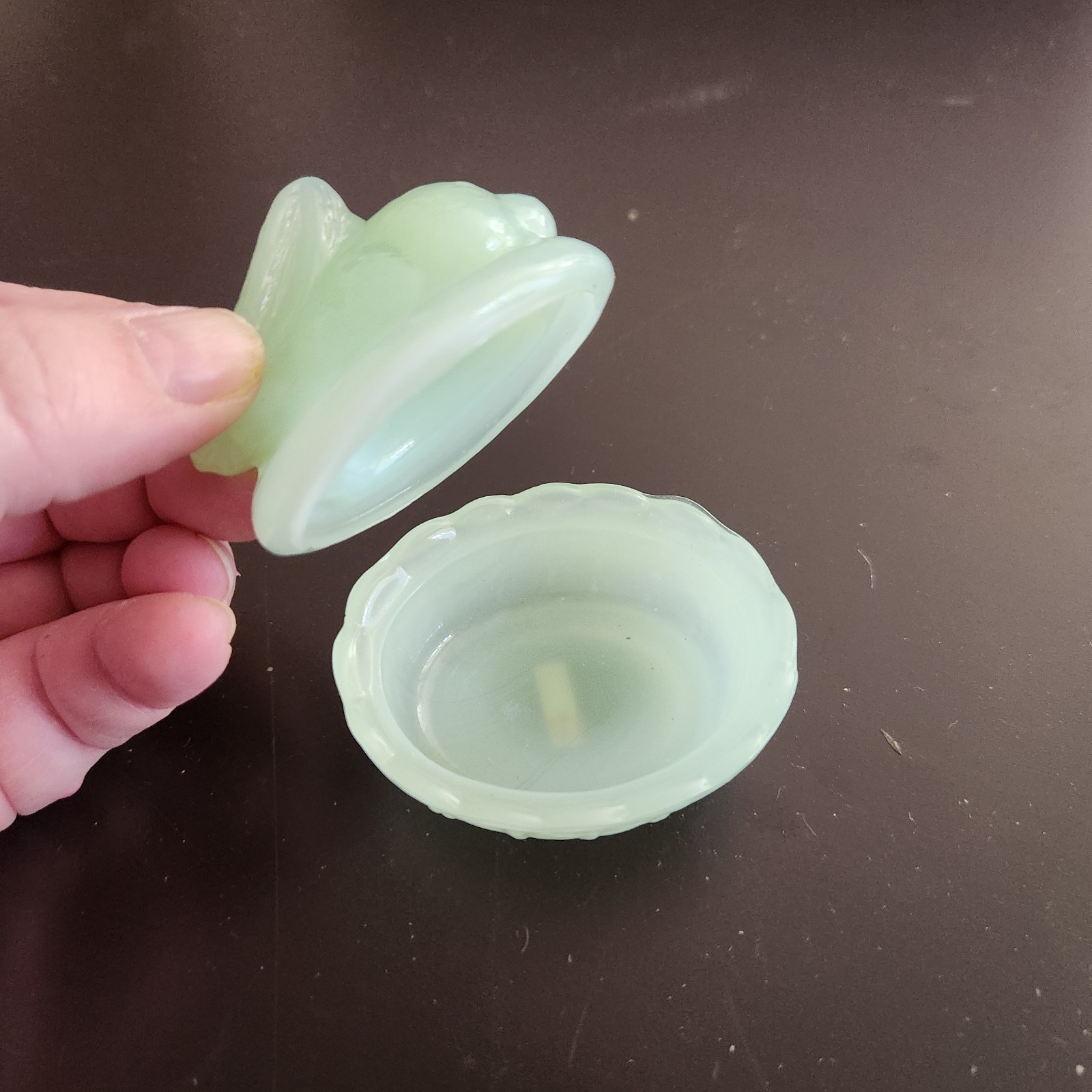 Mini Green Jadeite Art Glass Bunny Rabbit on Basketweave Nest Trinket Dish