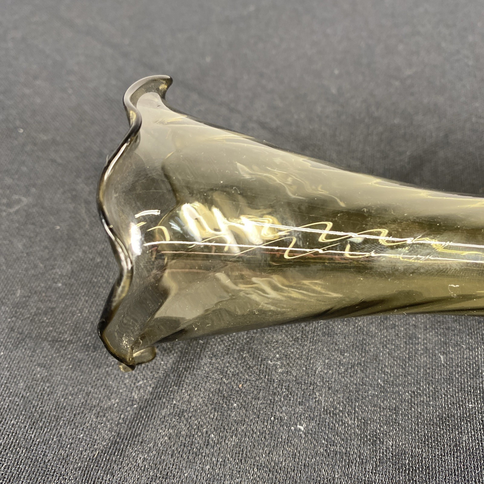 Vintage 8” Smoky Olive Fluted Glass Bud Vase Scalloped Rim Twisted Spun Stem MCM