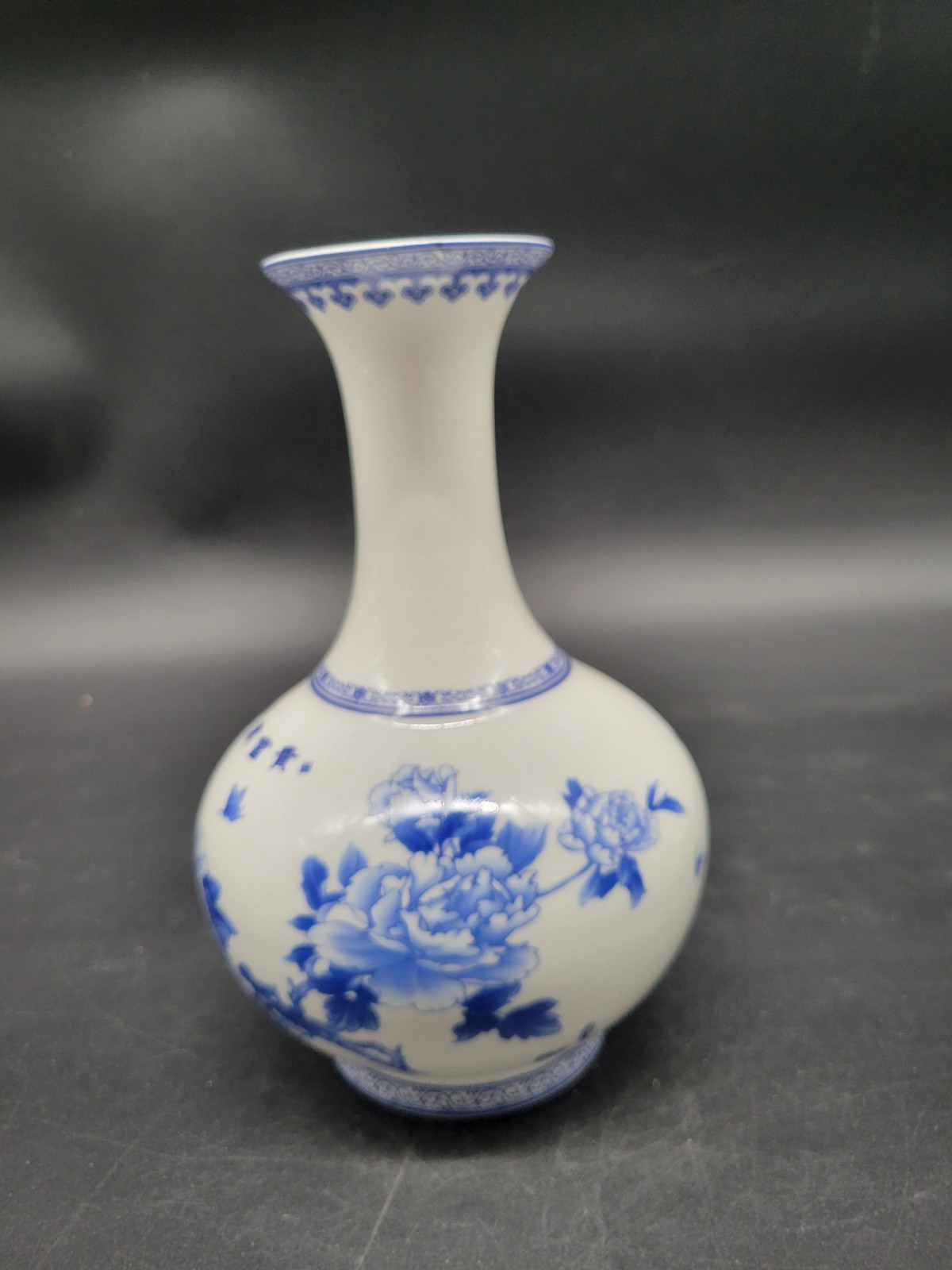 Chinese Blue & White Porcelain Vase Asian Oriental 9 inches Flowers & Caligraphy