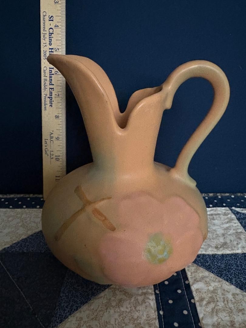 Vintage Weller Wild Rose Pottery Ewer/Pitcher 7″-Matte Pink/Green/Peach – 1930s