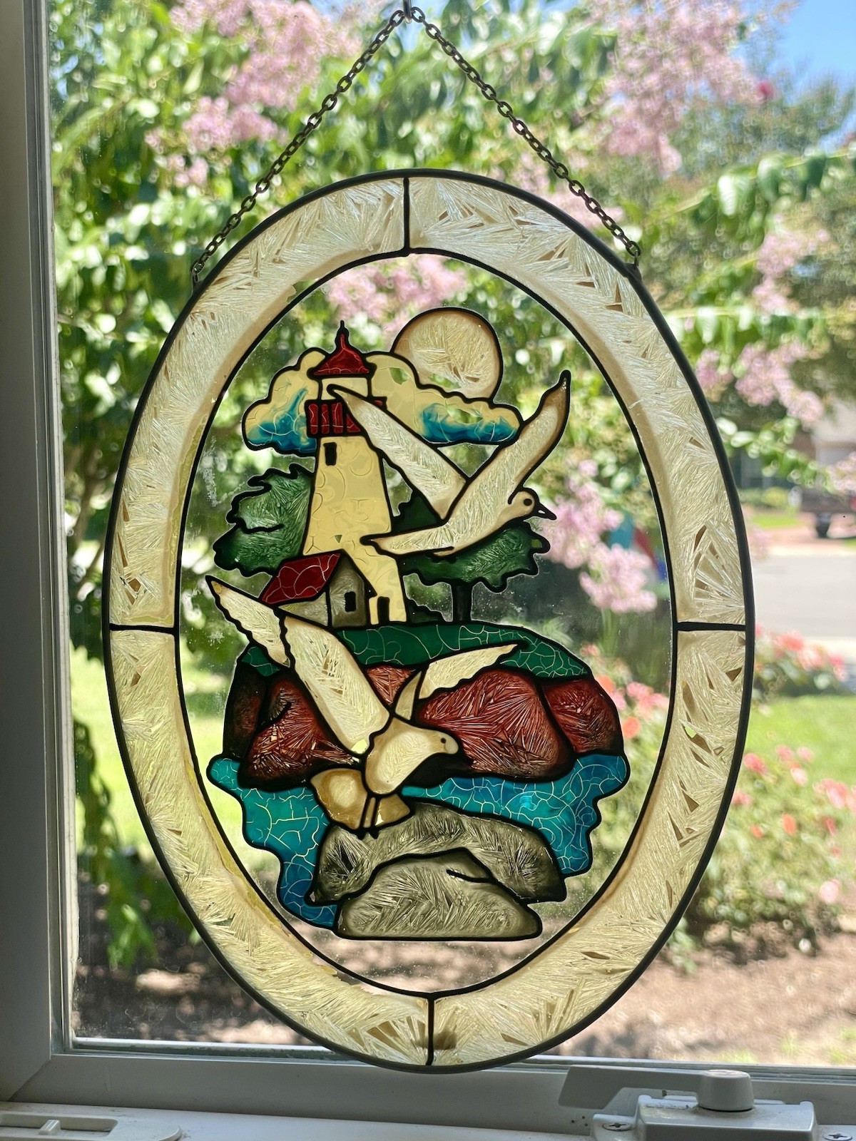 Vintage Joan Baker Designs Lighthouse & Seagulls Faux Stained Glass Hanging
