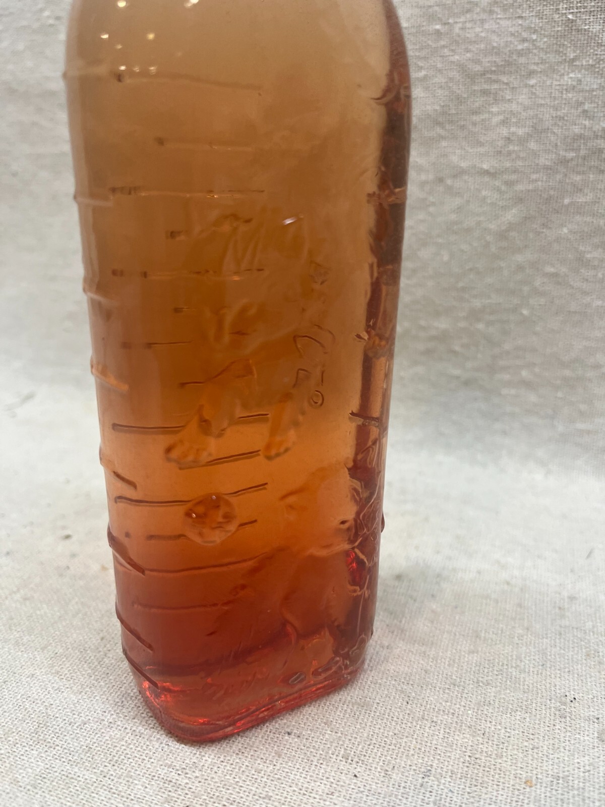 Vintage Hazel Atlas Glass Baby Bottle Embossed with Cat / Kittens Yarn 8 ounces