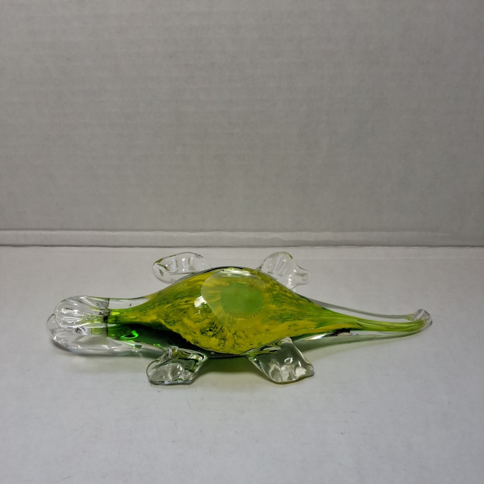 Crocodile Alligator Art Glass Figurine 8″ Long Hand Blown Green, Yellow, & Clear