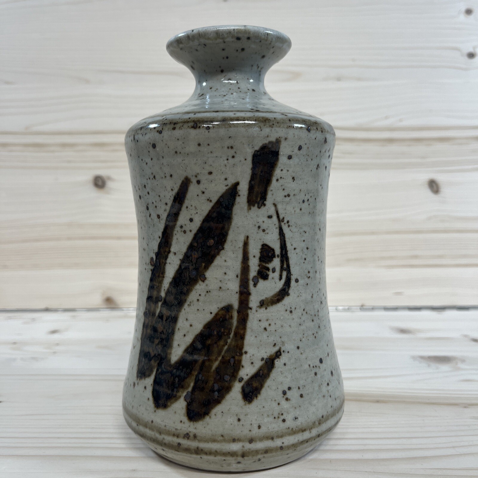 Studio Pottery Flower Vase Speckled Beige Asian Look Heavy Artist Stamped 8″