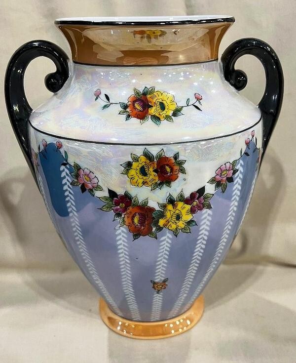 Stunning Noritake Classic Handle Deco Vase Floral Garlands Chevron White Stripes
