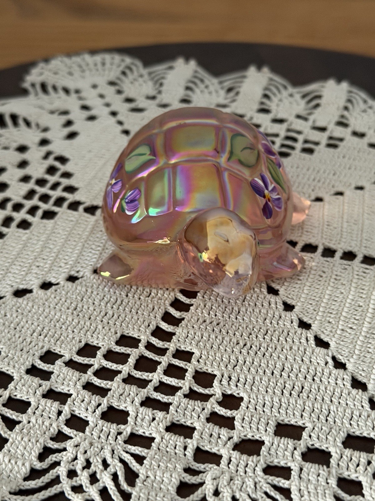 Fenton Lenox Sunset Pink Iridescent Hand Painted Turtle Figurine J Powell