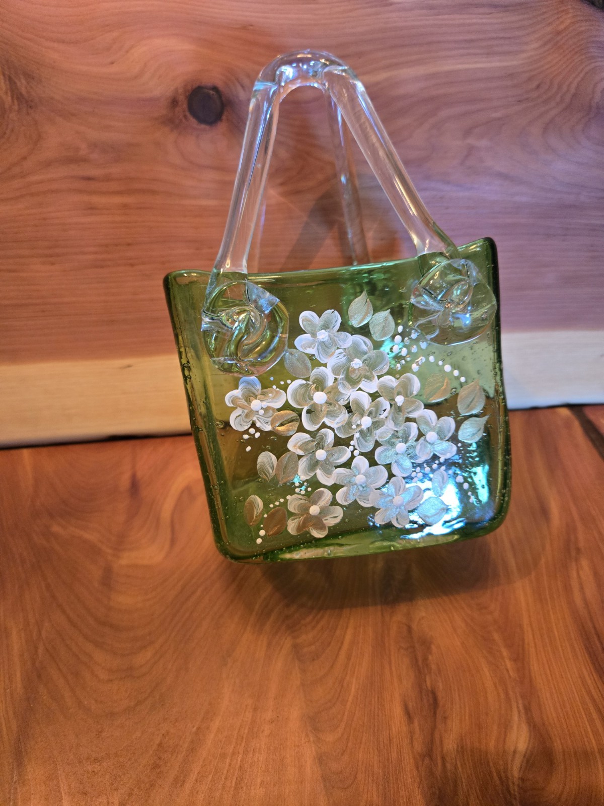 Green Glass Hand Painted Floral Decorative Basket with Handles, Used