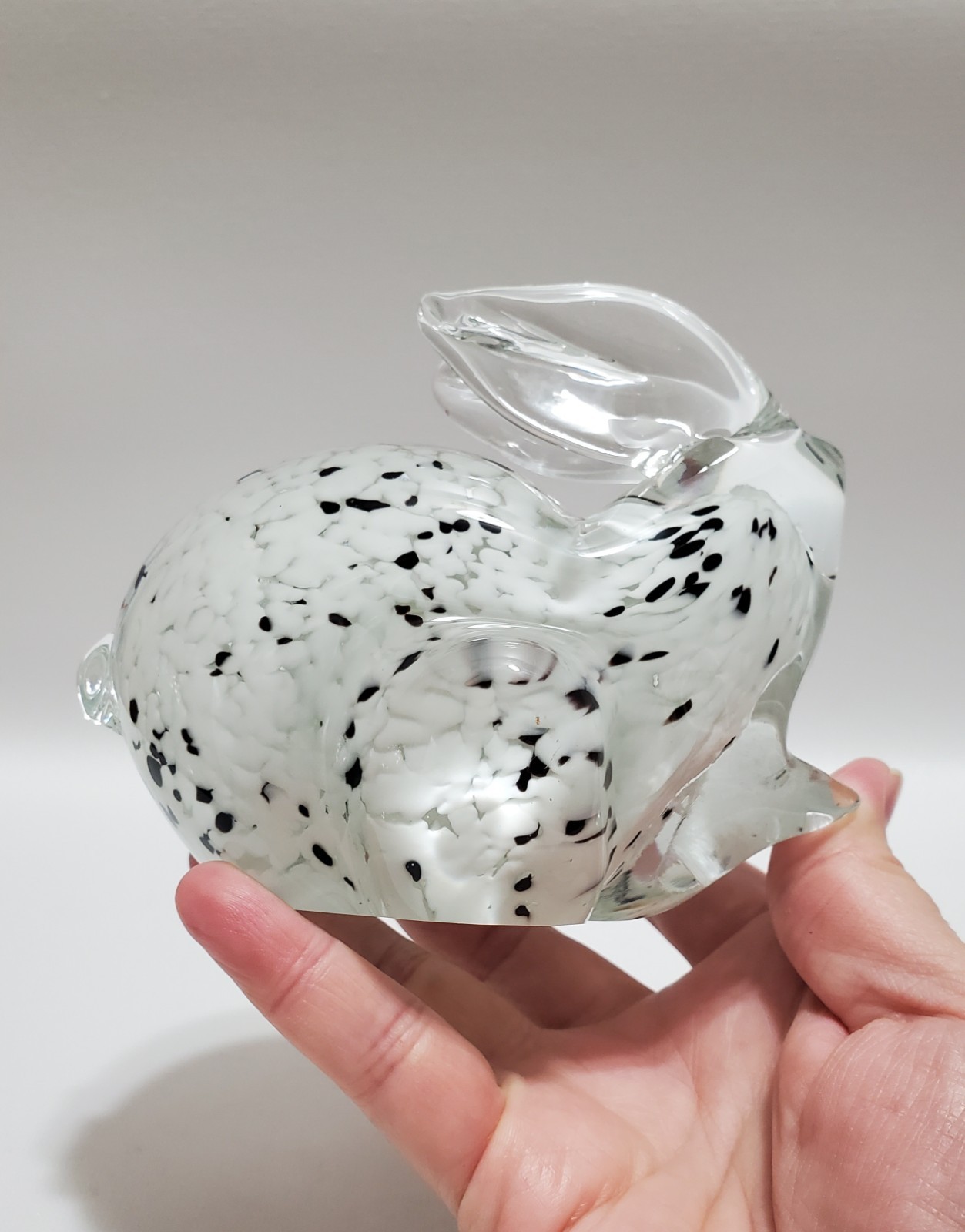 Blown Glass Bunny Rabbit Figurine, Paperweight, Black & White Speckled In Clear