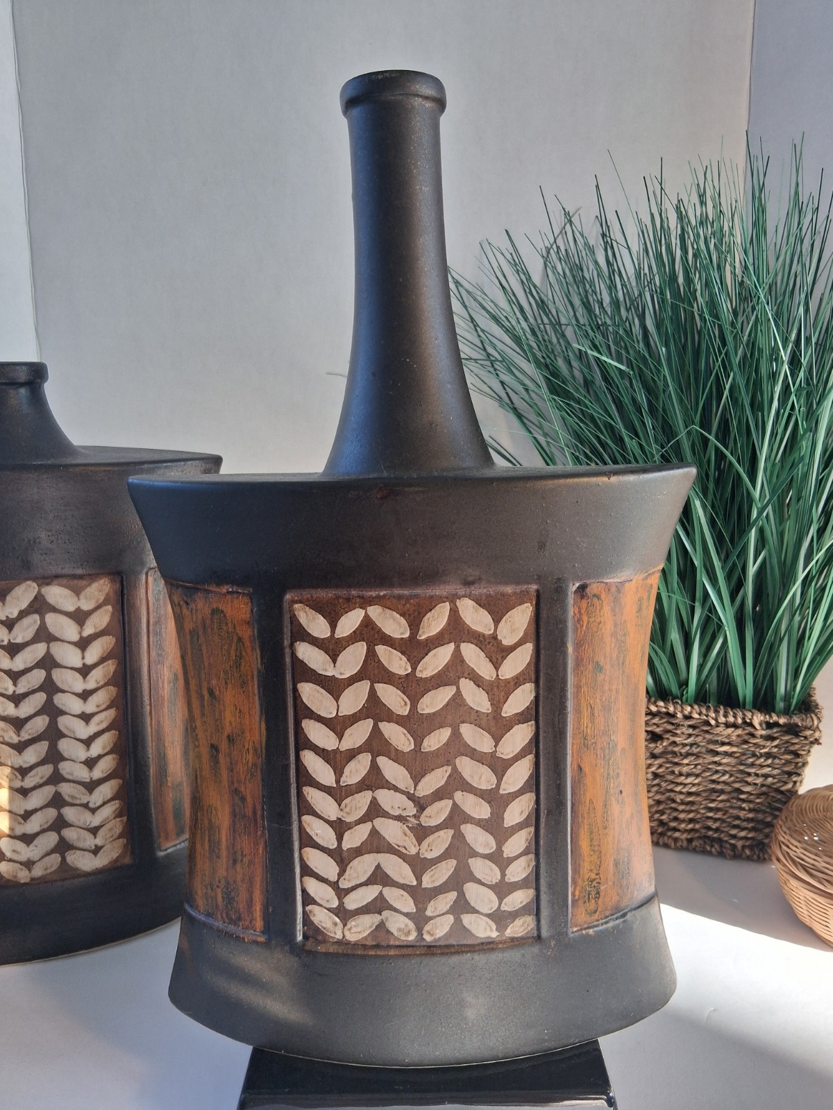VTG! 1970’s Studio Pottery Vases; Brutalist Ebony Ceramic; Sgraffito Designs
