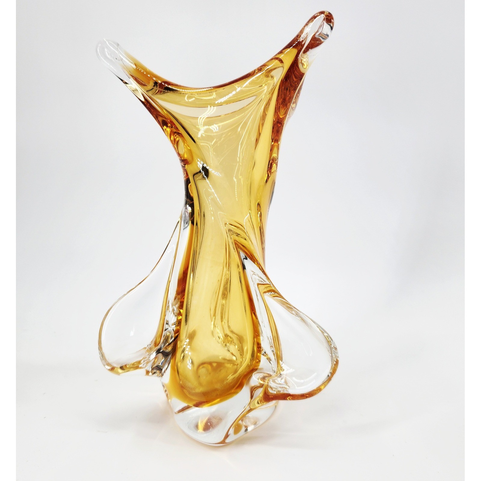 Vintage Chalet Amber Art Glass Vase Signed Blown Glass 3 Point Stretch 8.25″