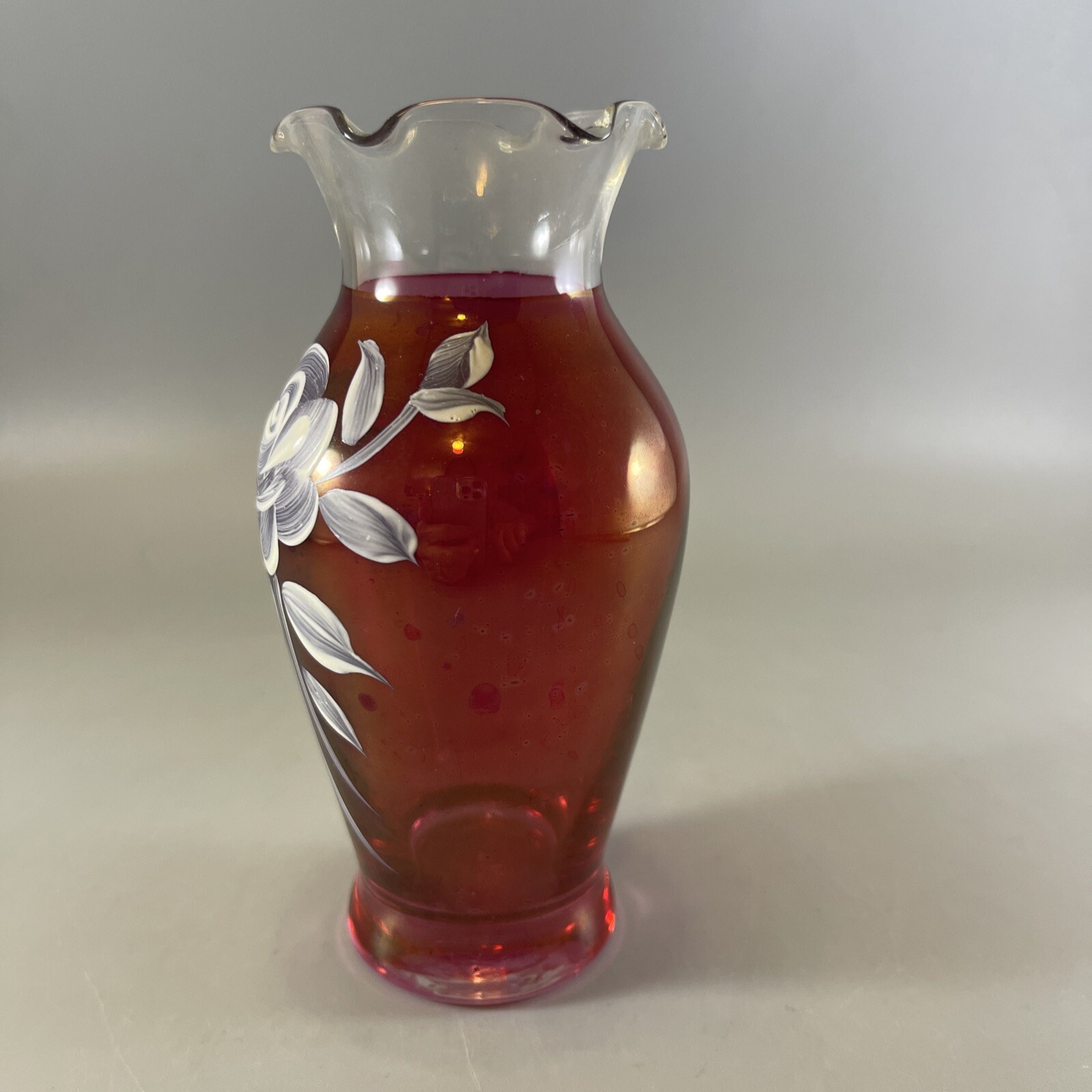 Westmoreland Glass Ruby Flash Red Vase Hand Painted Rose 5.5 In. Tall Vintage
