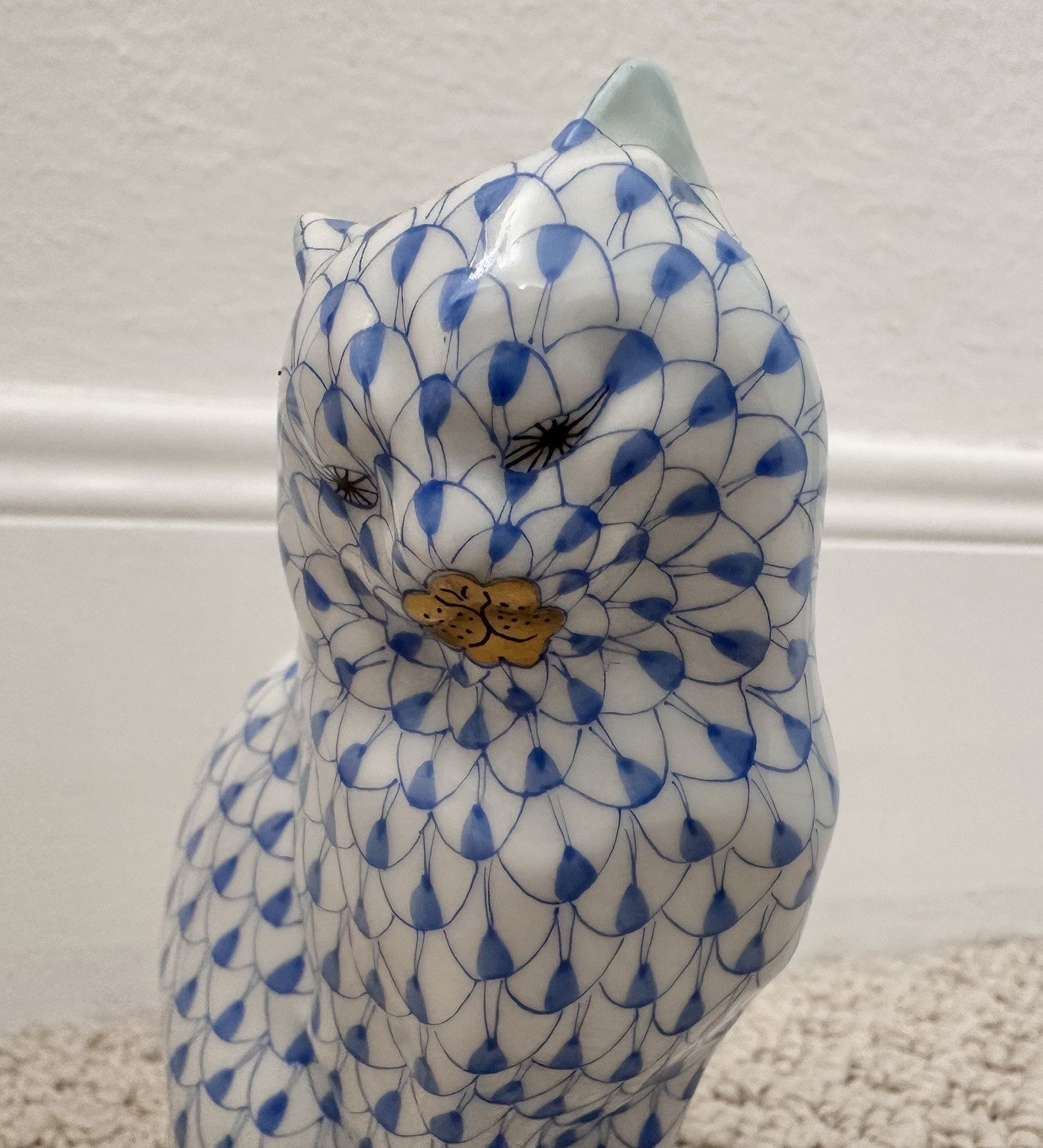 Lot of 3 porcelain cat figurines- Herend & Bing & Grøndahl blue & white antique