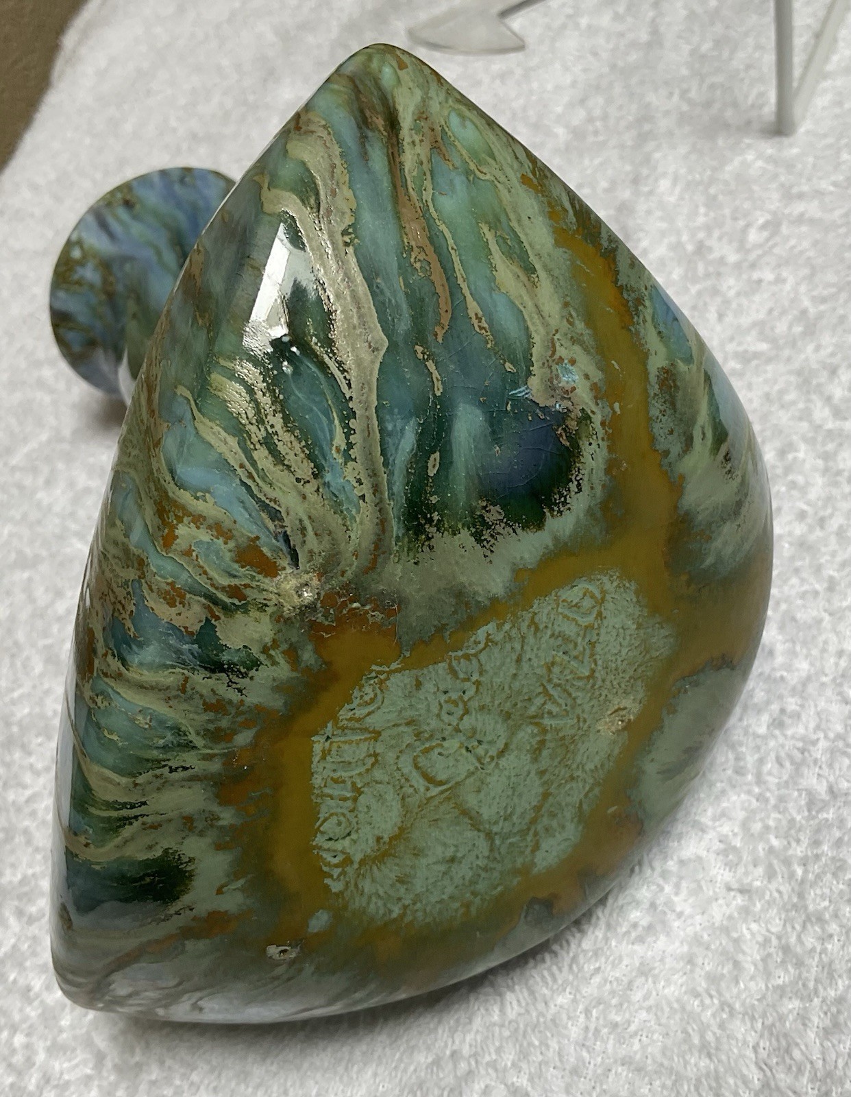 Signed Monterey Jade art pottery tri-corner 7.25” vase