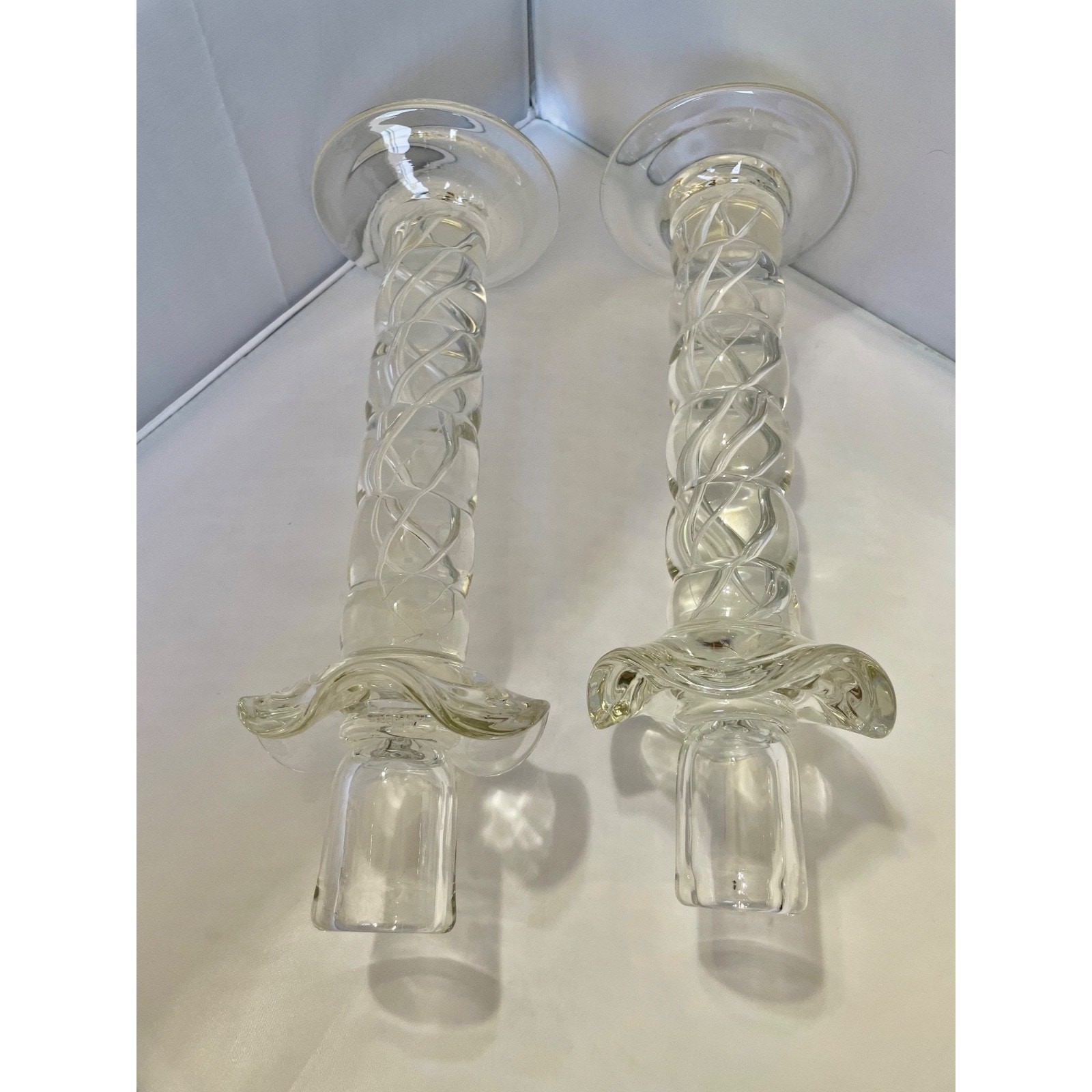 Murano Clear Crystal Glass Air Twist Stem Candlestick Holders