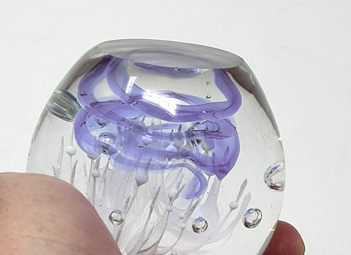 Art Glass Hand Blown Paperweight Purple Burst Bubbles 3″ tall 2 3/4″ wide 1.2 LB