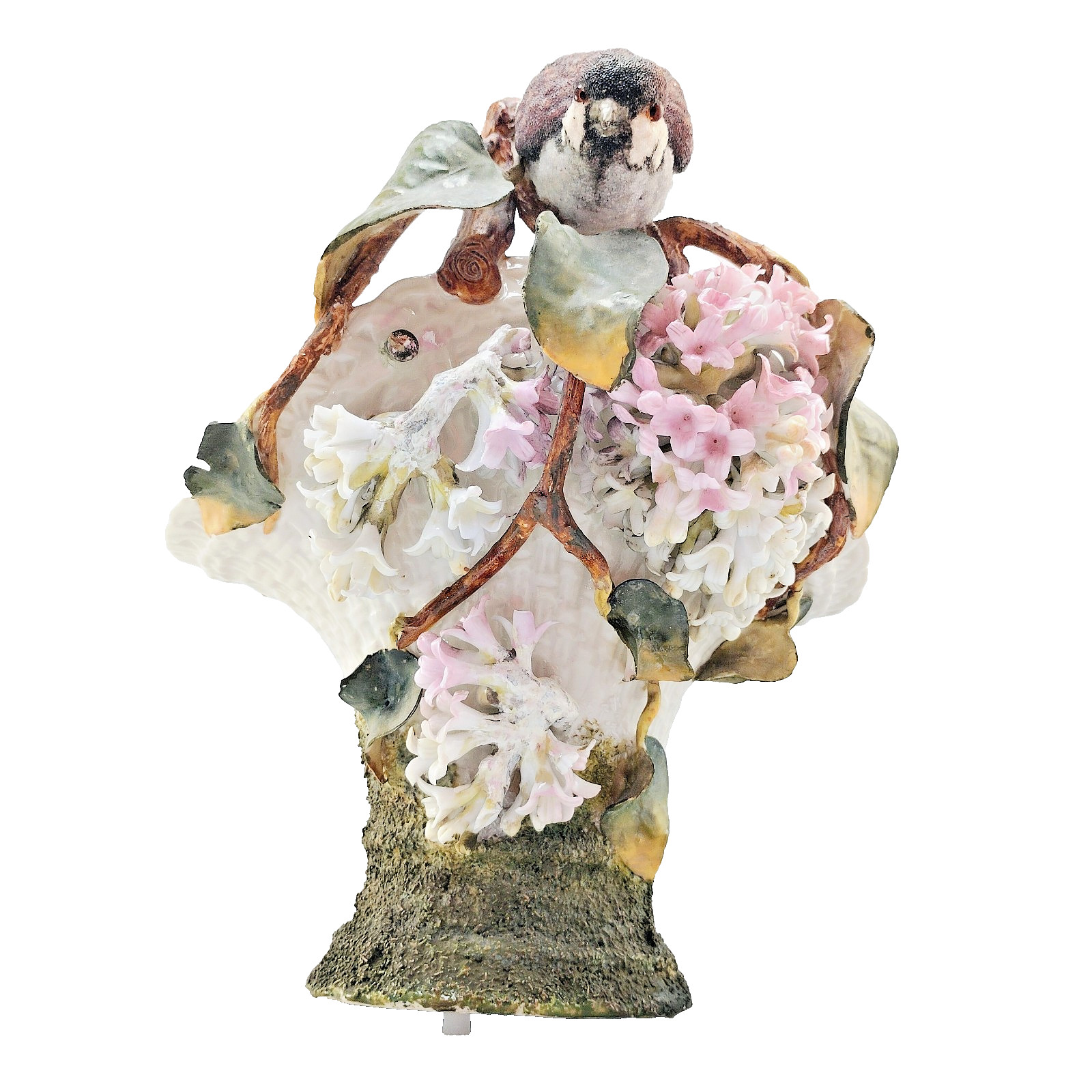 Dresden Porcelain Barbotine Flower Basket with Bird On Twig Handle, Restored OBO