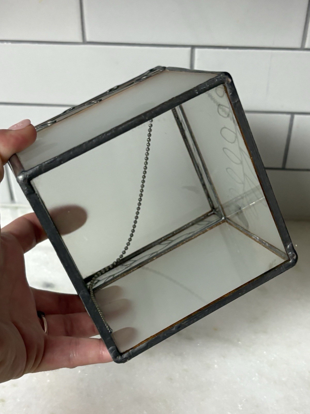 Frosted Glass Storage Box Leaf Design, 4” Square