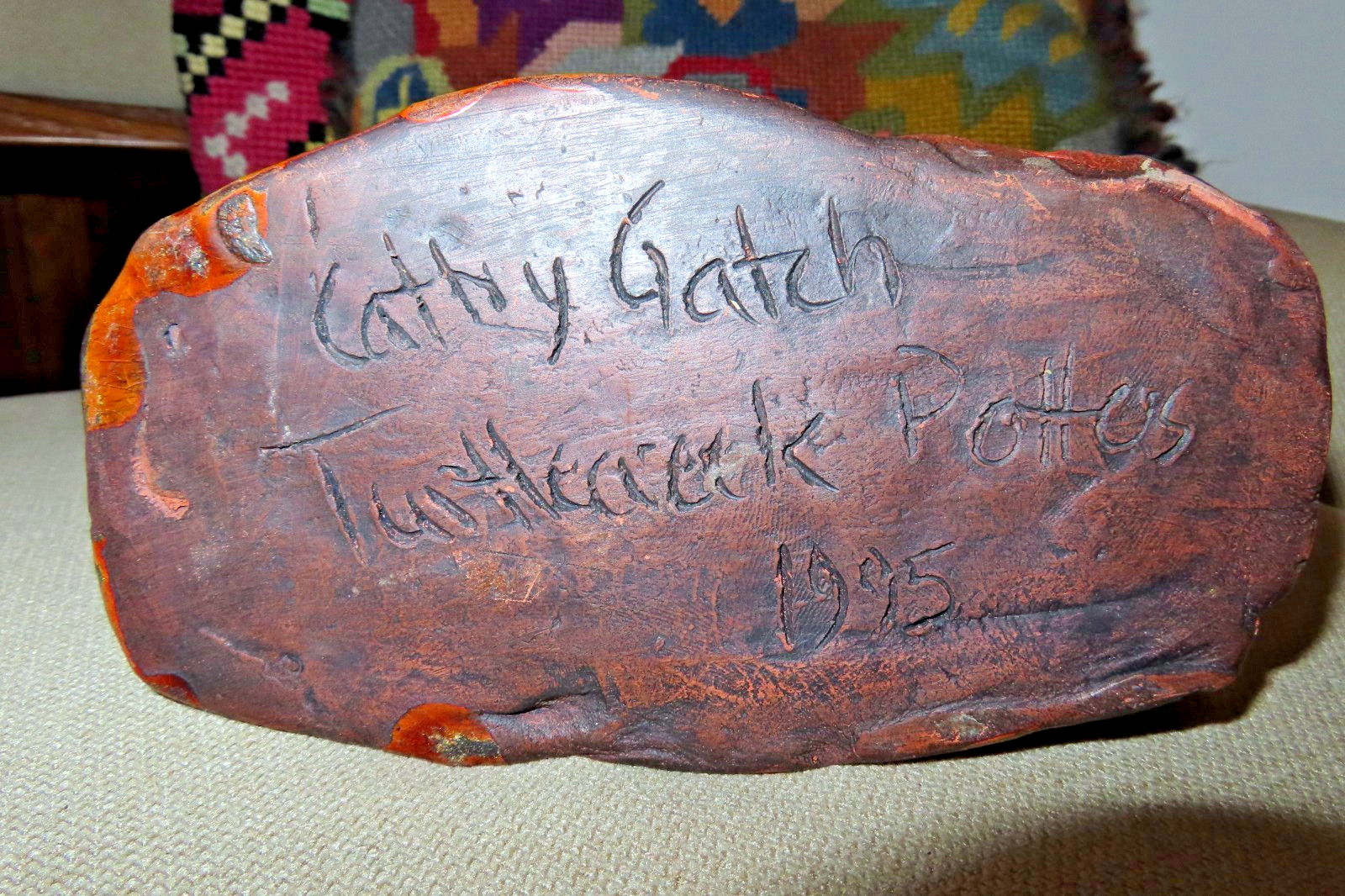 Vintage Turtle Creek Pottery Stoneware signed Cathy Gatch Man & bear tug o war