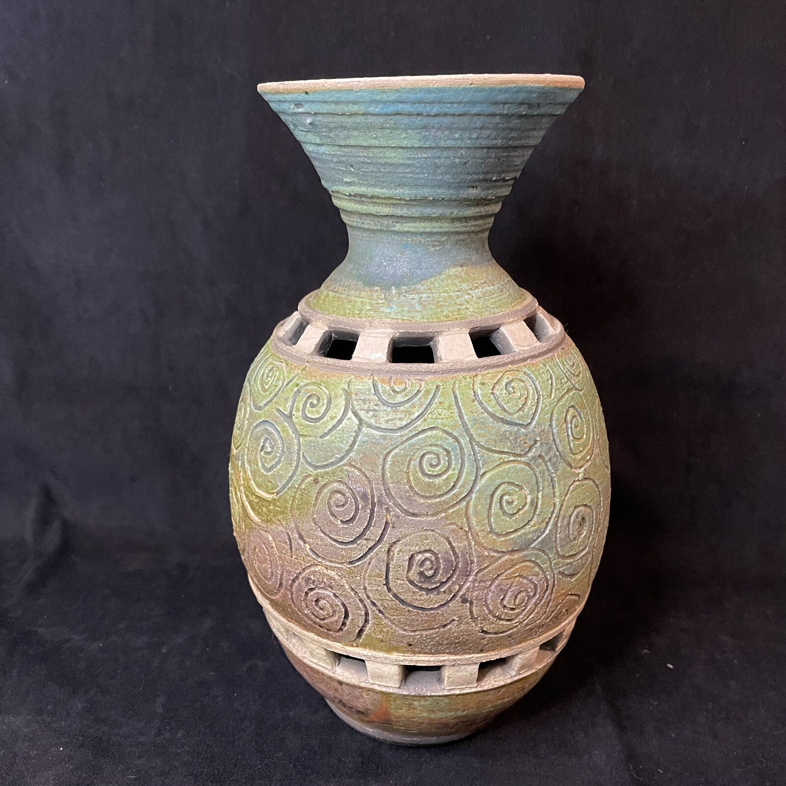 Nancy Briggs Signed Raku Art Pottery Vase Vessel, Blues/Greens, Reticulated, 9”