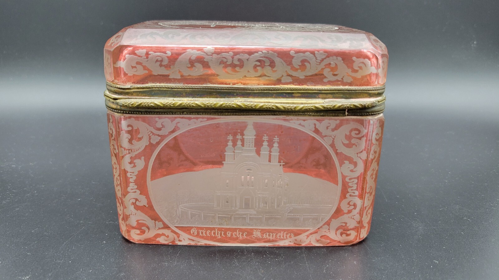 Antique 19th Century Austrian Hinged Lid Red Engraved Glass Trinket Jewelry Box