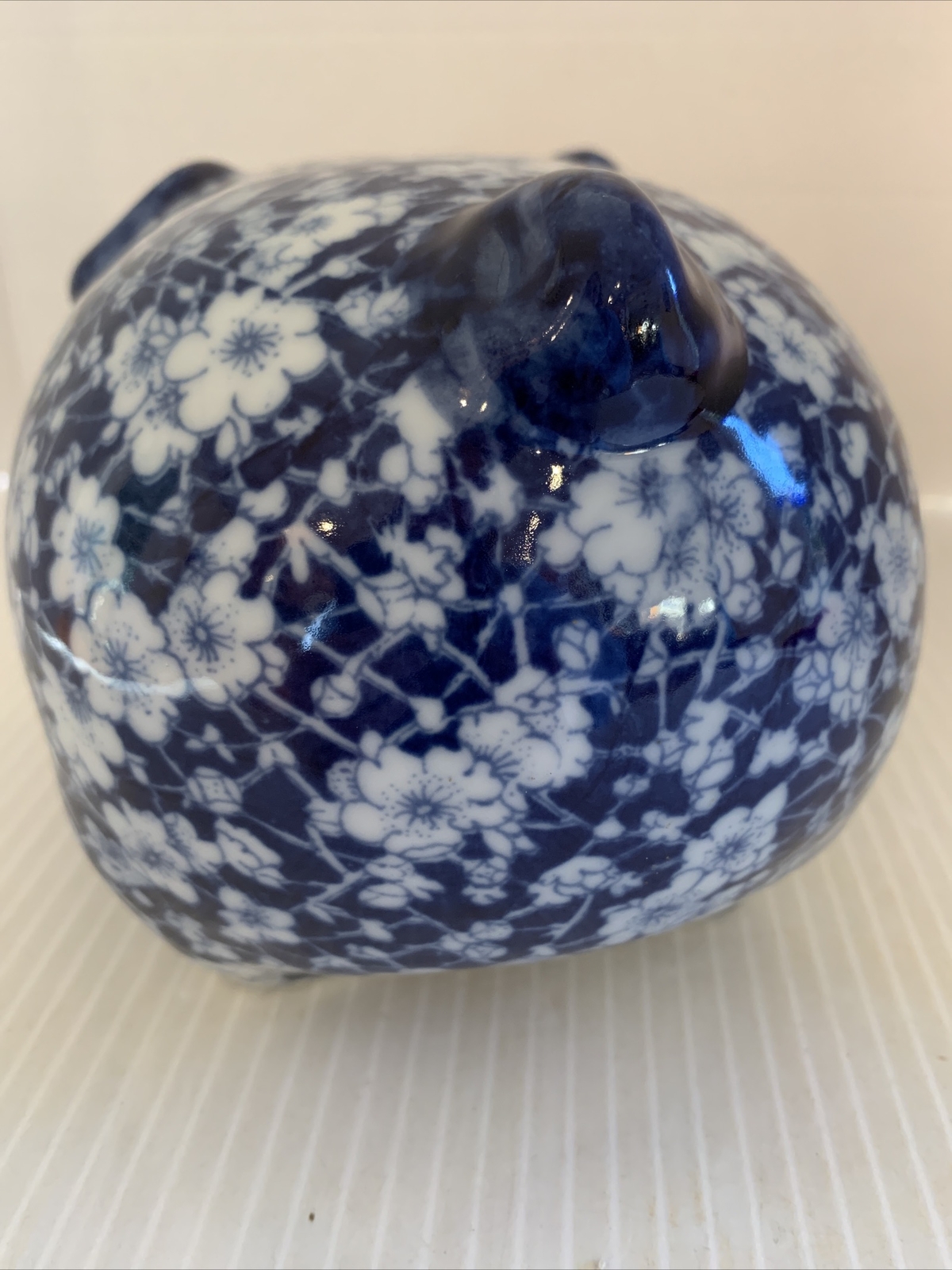 Vintage VICTORIA WARE IRONSTONE Blue White Floral Calico Pattern Piggy Bank EUC
