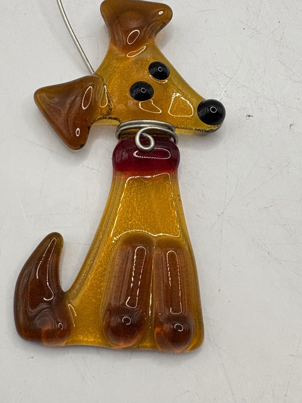 Haywire Fused Art Glass Dog Ornament Silver Wire Hanging 3”