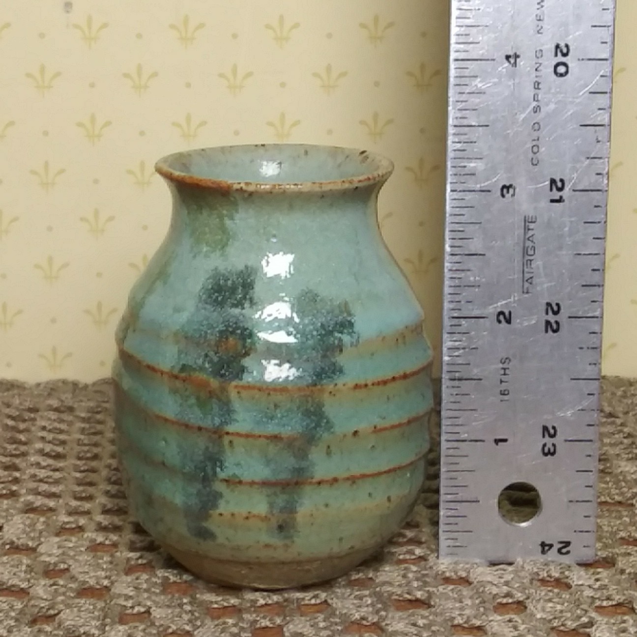 Handmade Studio Pottery 3.5″ Small Vase Brown Green Glaze Pottery Ribbed Signed