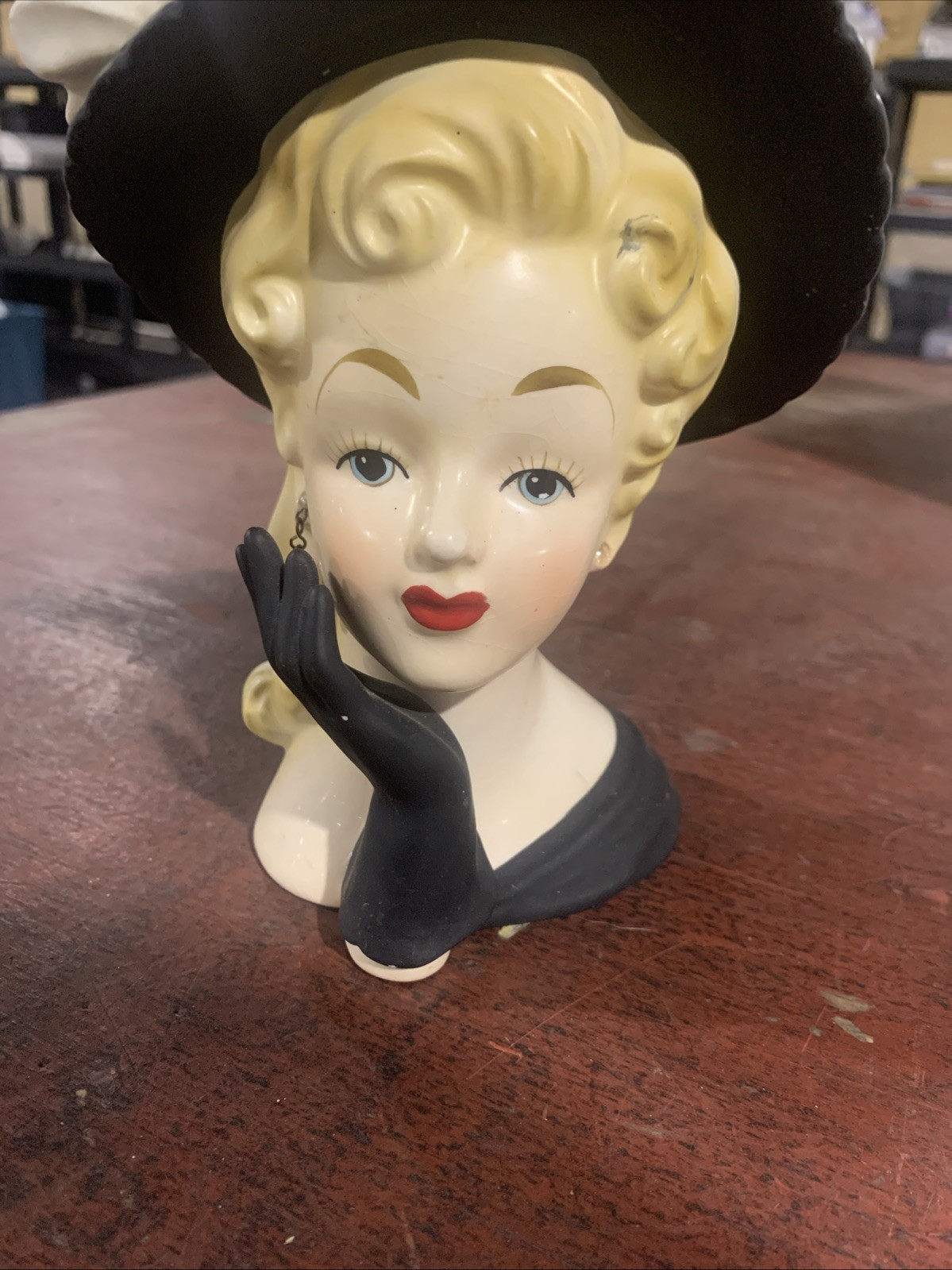 VTG Relpo Lady Head Vase K1406 Black Hat with Bow and Original Pearl Earrings!