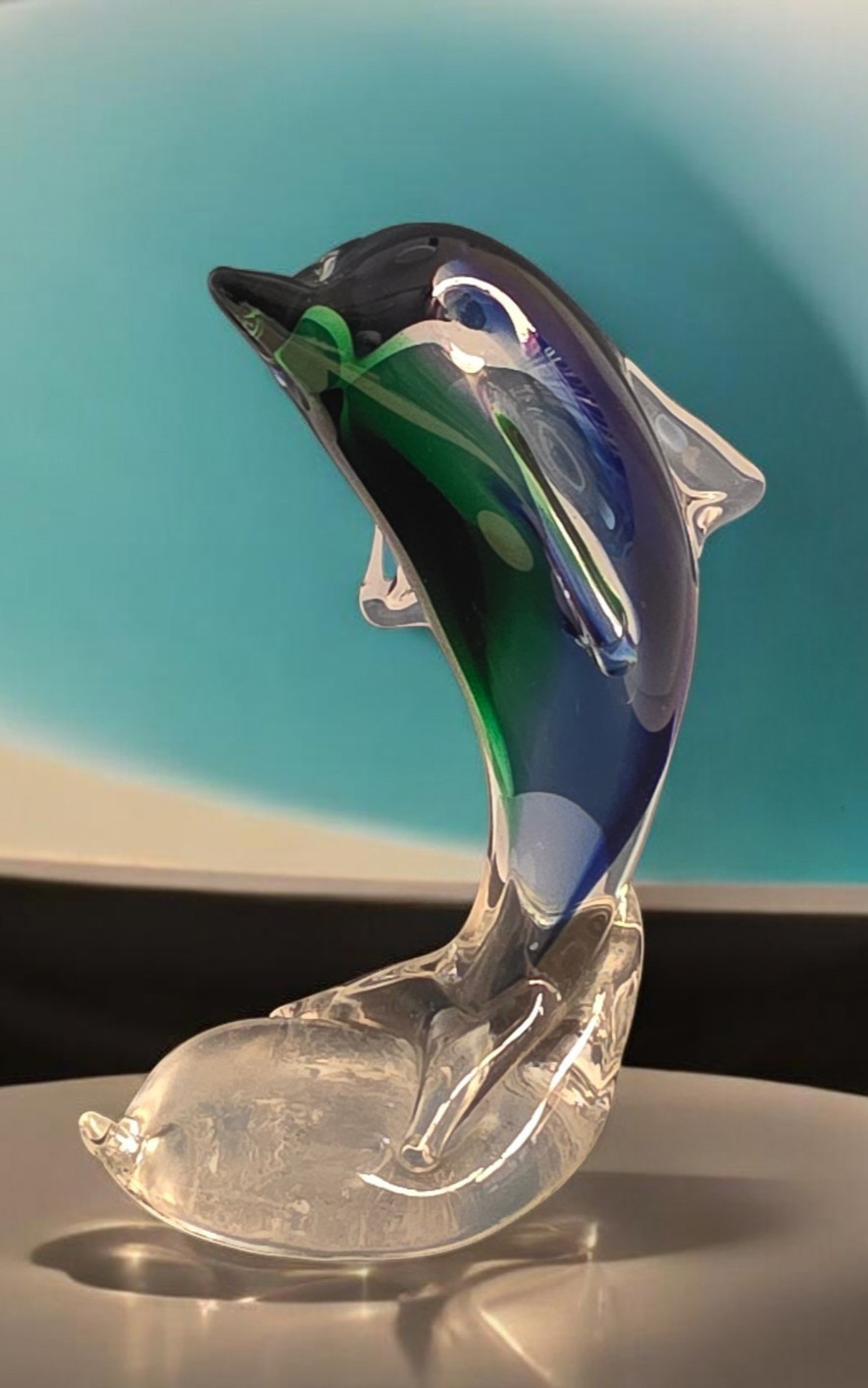 Art Glass Dolphin Figurine Paperweight 6” Green Blue Clear Unbranded