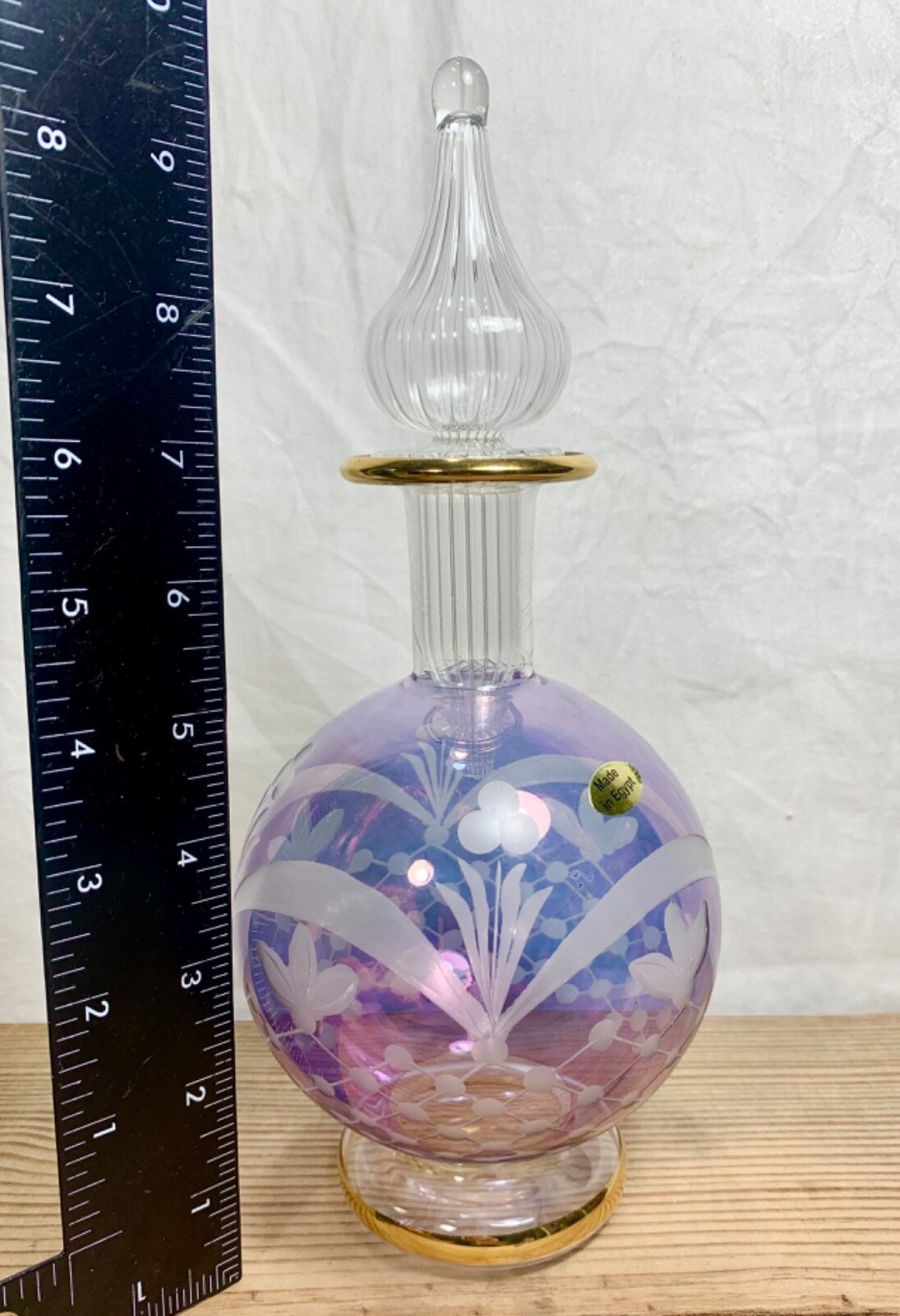 Vintage Art Glass 9” Genie Decanter Purple Etched Gold Trim pedestal w stopper
