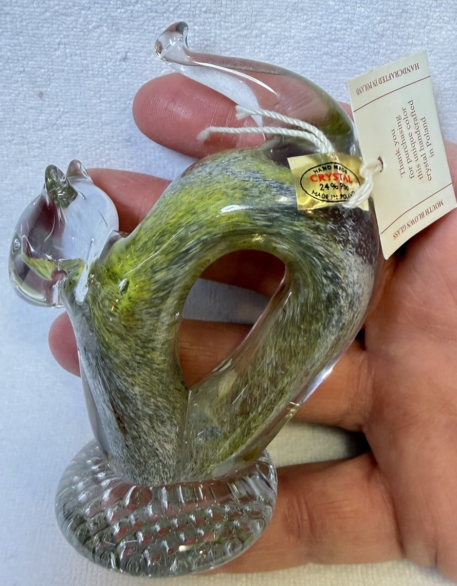 Vintage Crystal PbO 24% Poland Mouth Blown Cat Kitten 4 x 3 x 1 3/4” Green Red
