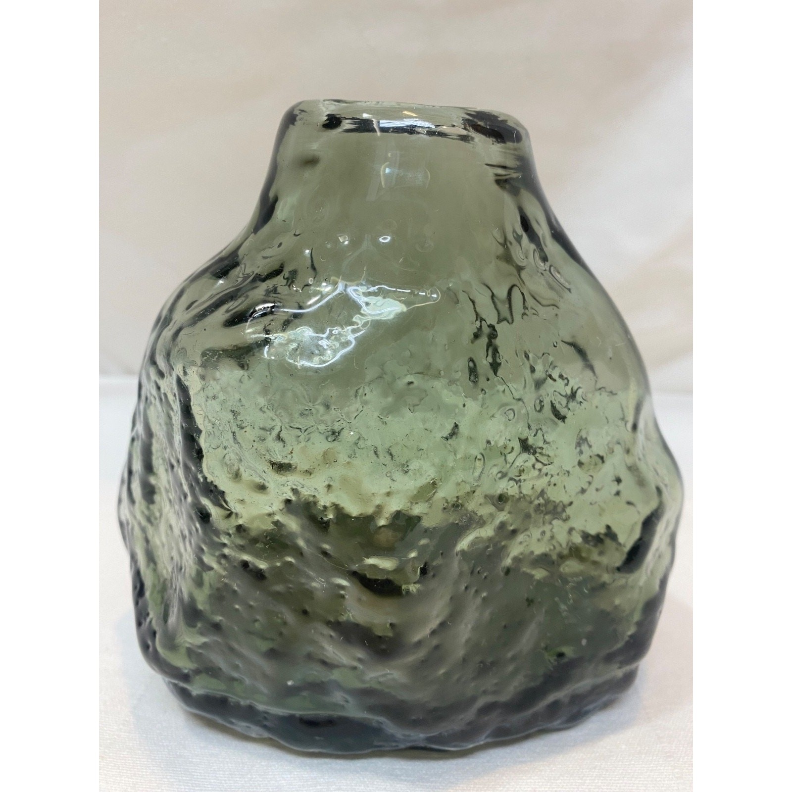 Free Form Minimalist Smoky Gray-Green Glass Vase Heavy Clear Bottom