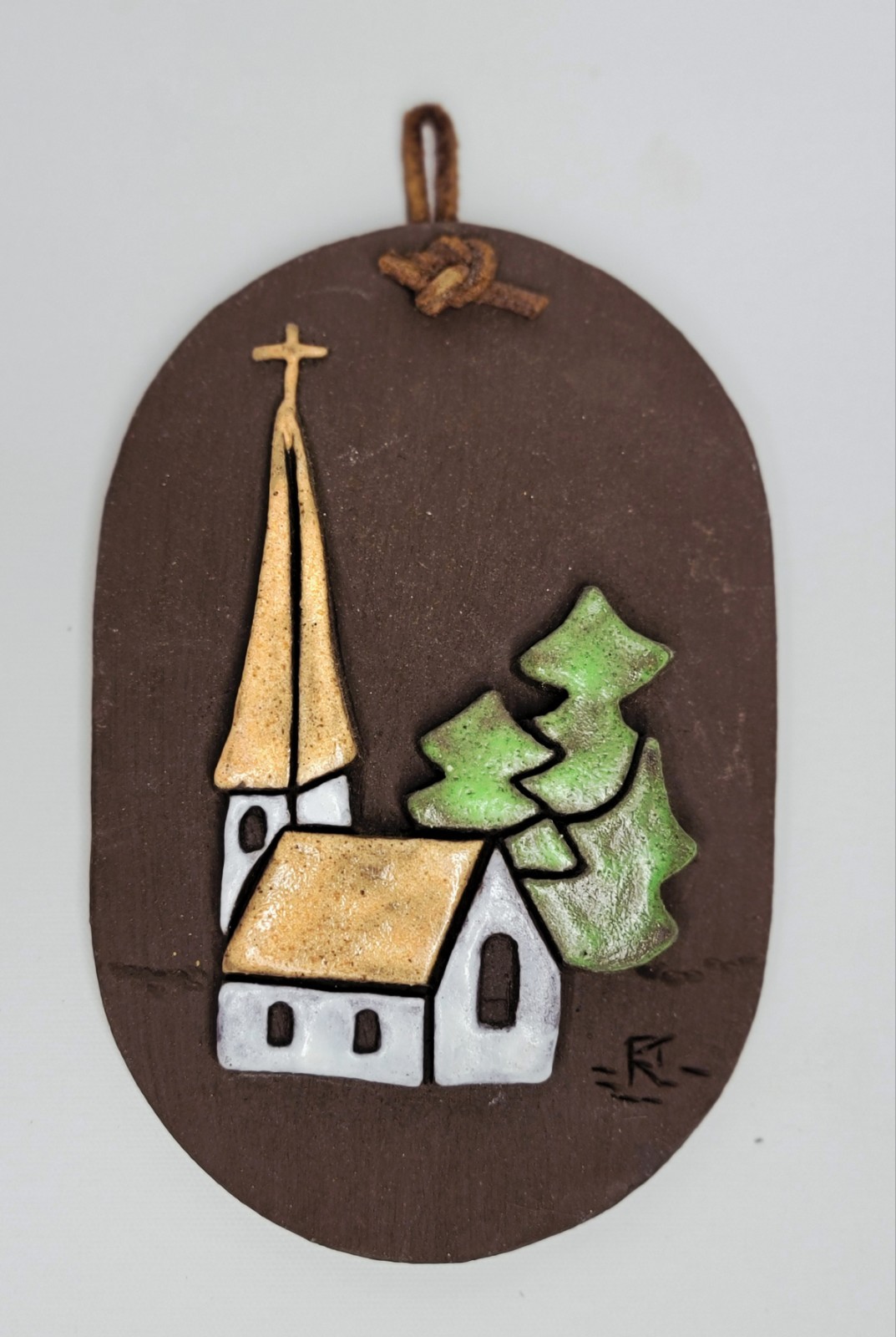 Handmade Art Pottery Oval Tile Wall Hangings Trees Houses Church Village Set 4
