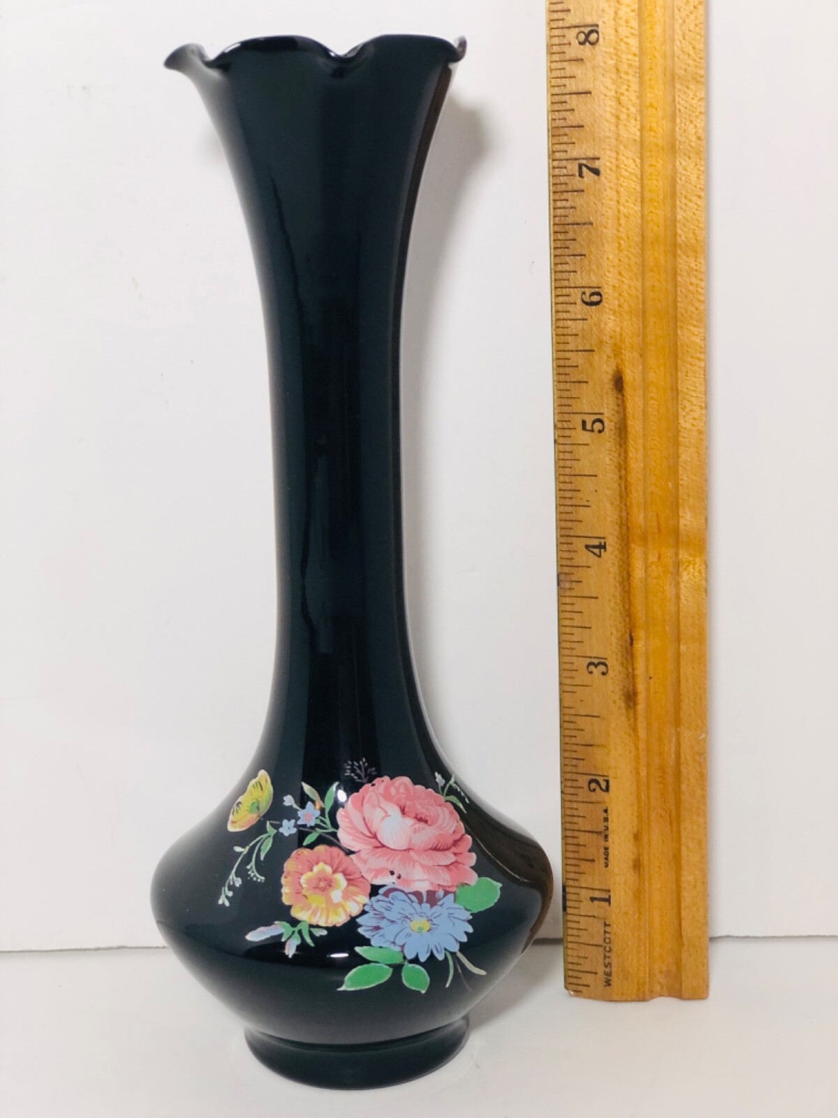Victorian VTG Ebony Black Amethyst Art Glass Vase Floral Pattern Handpainted 8”