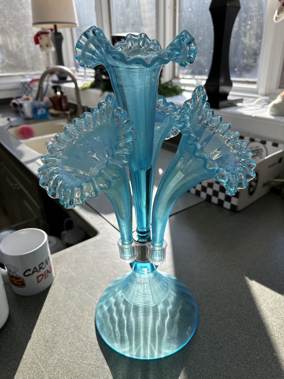 Fenton Large triple Jack in the Pulpit Blue carnival glass vase c.16″ tall