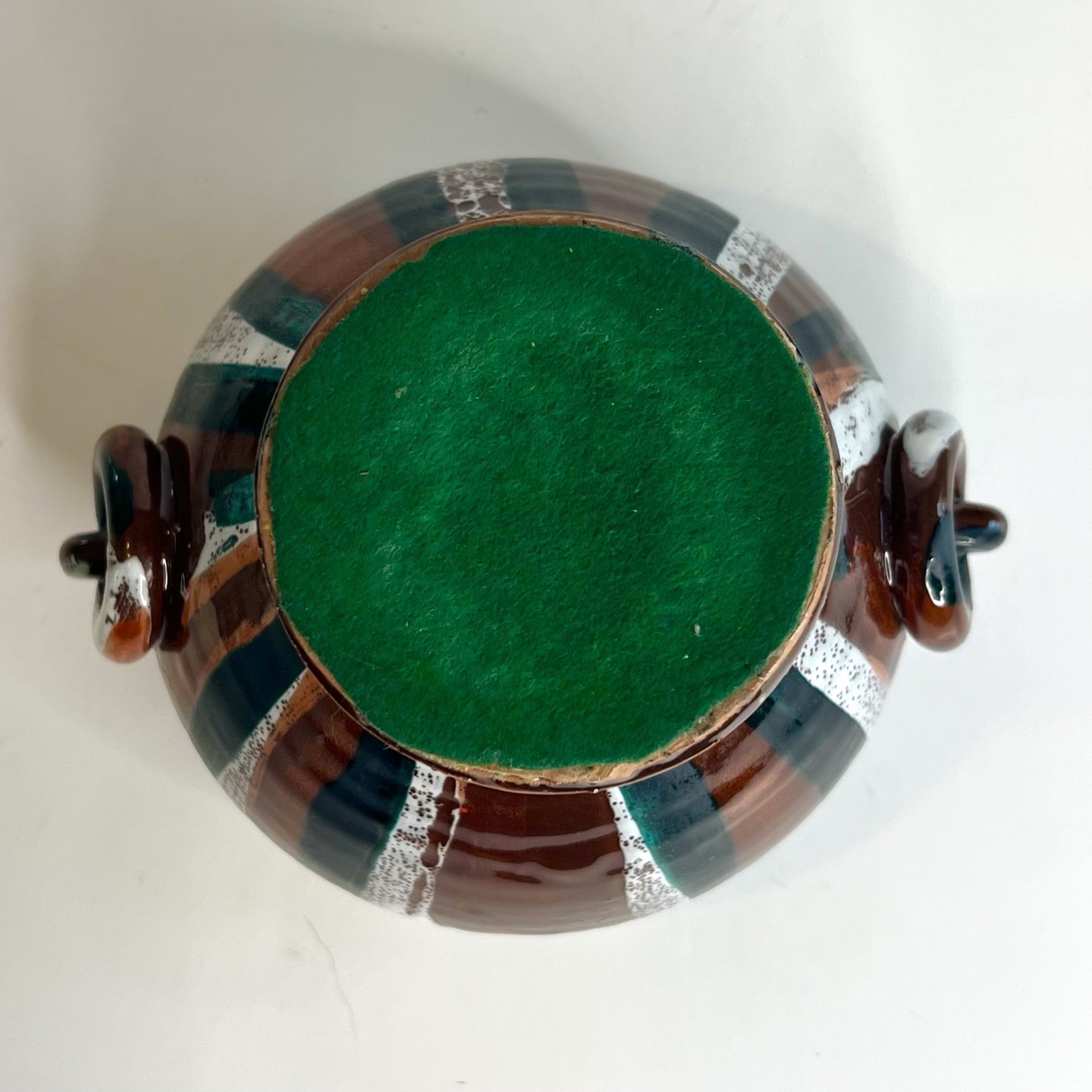Decorative Italian Studio Art Pottery Vessel with Ring Handle Accents