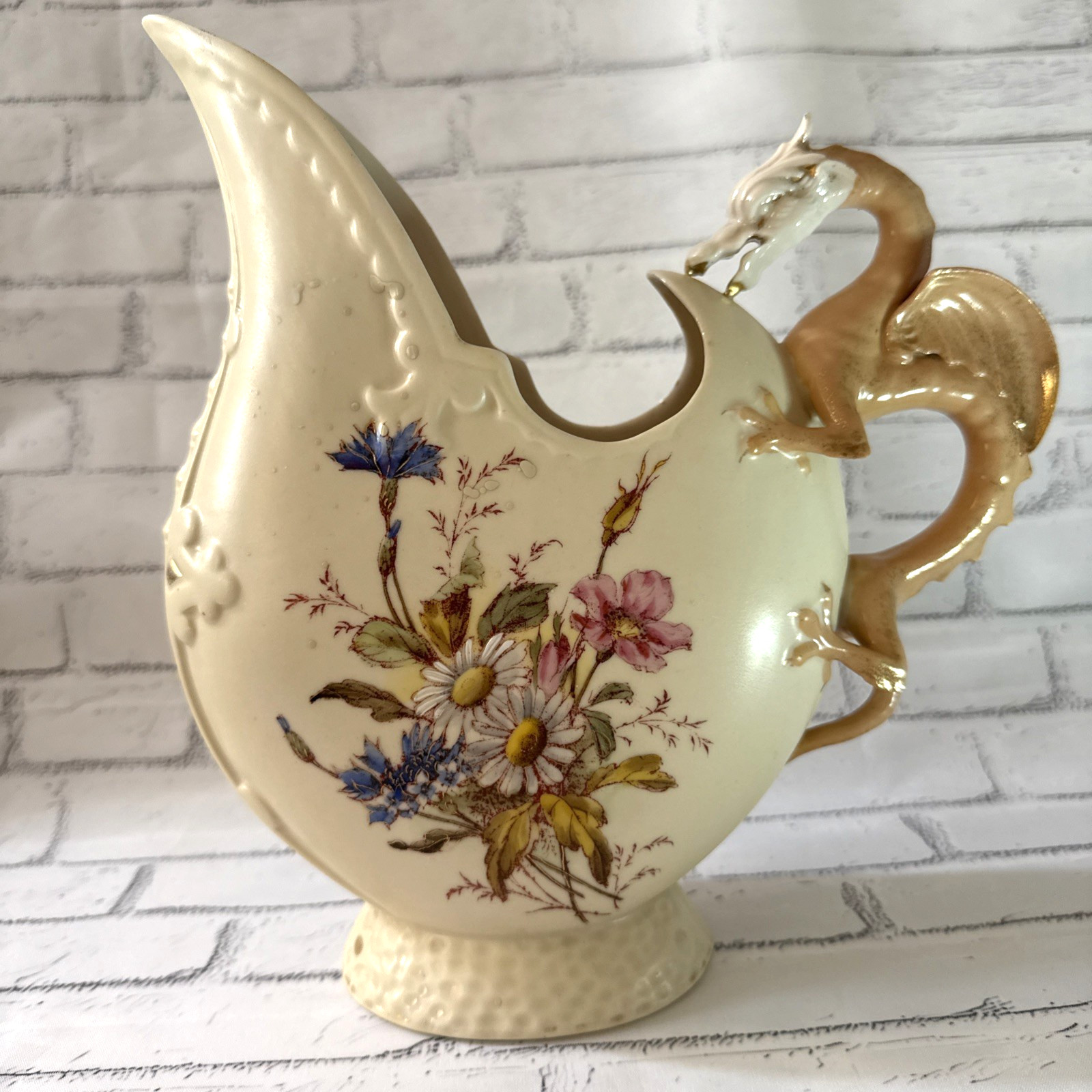 Rare! VTG Ceramic Ewer with Dragon Handle, Floral Design 9.75” Vase 1930-50 s