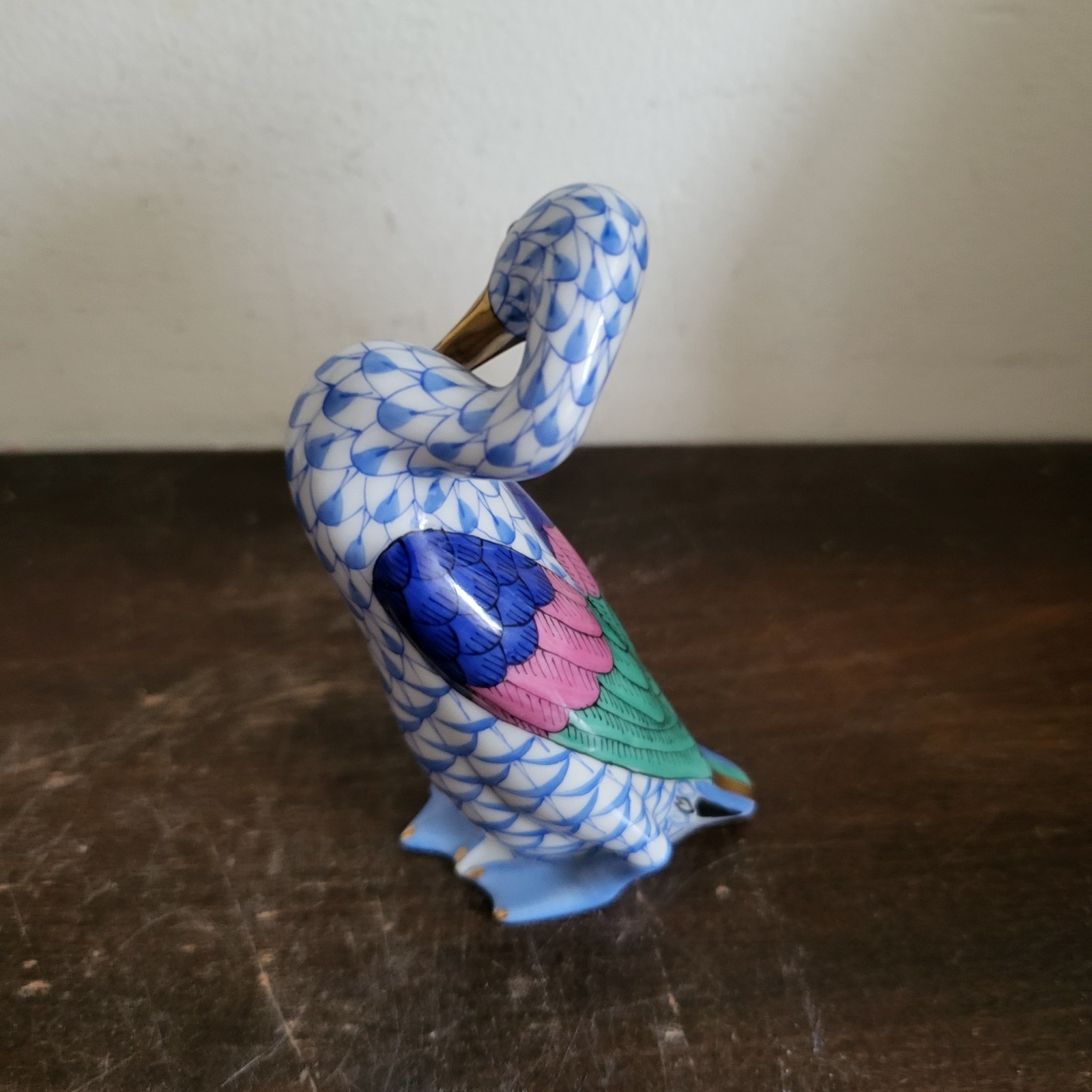 Vintage Herend Hungary Porcelain Fishnet Figurine Goose With Golden Egg Blue