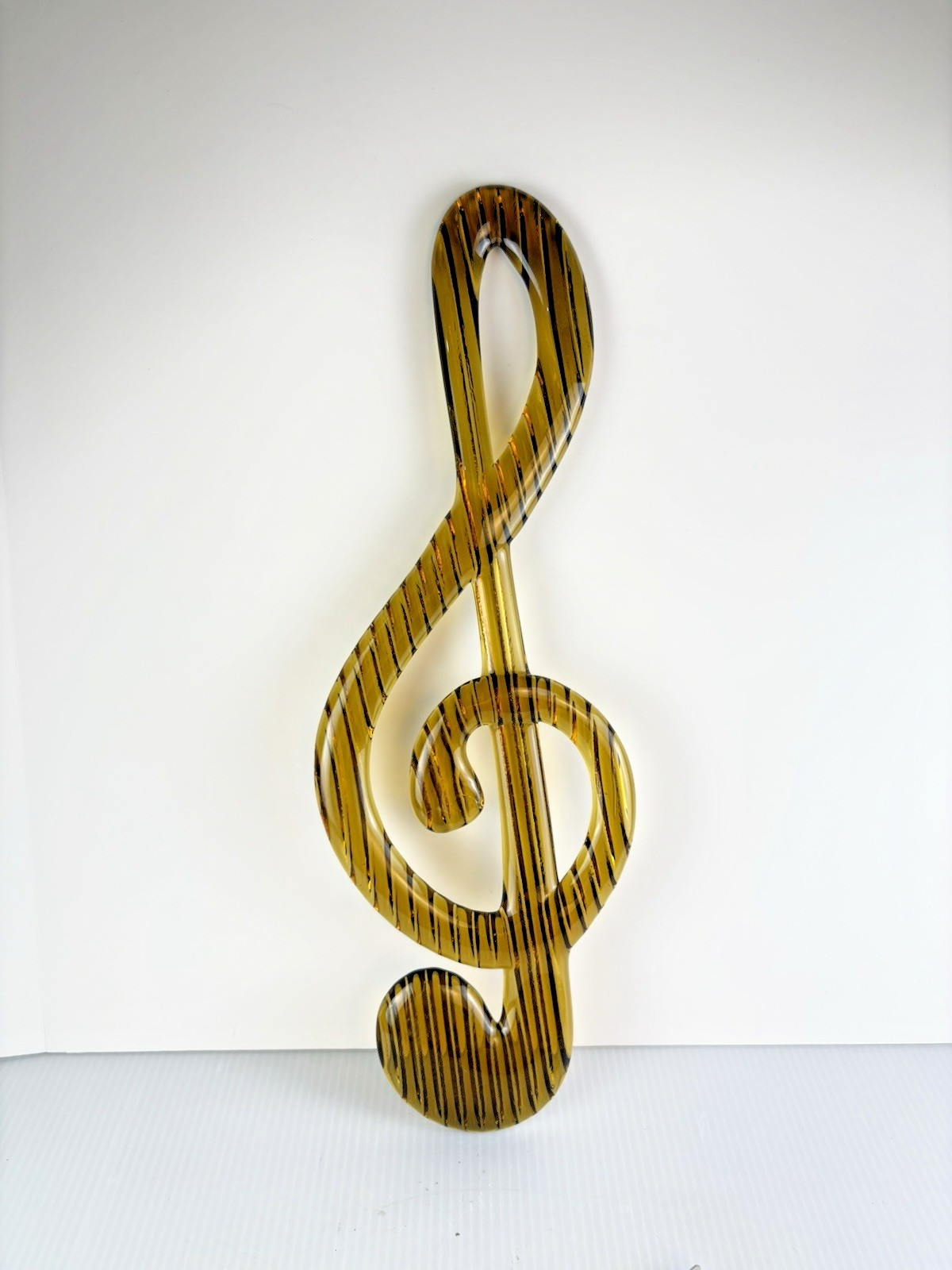 Art Glass Treble Clef Sculpture Amber Tiger Stripe 15 Inch Music Decor