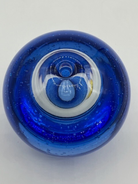 Heavy Glass Vase/Bowl Hand Blown Cobalt Blue and Clear W/Bubble Made In Poland