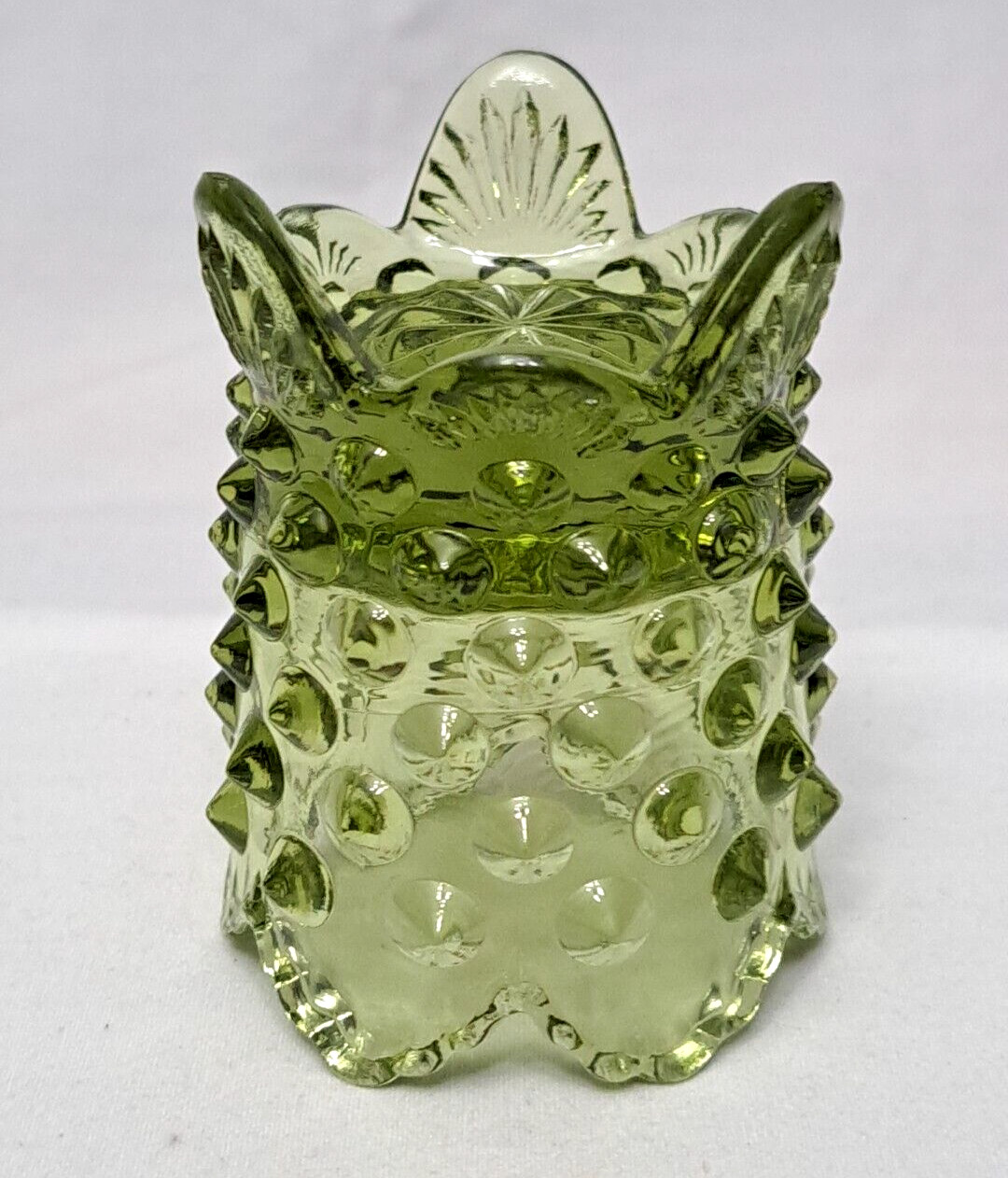 Vintage Fenton Colonial Green Hobnail Side Spikes 3 Footed Toothpick Holder Nice
