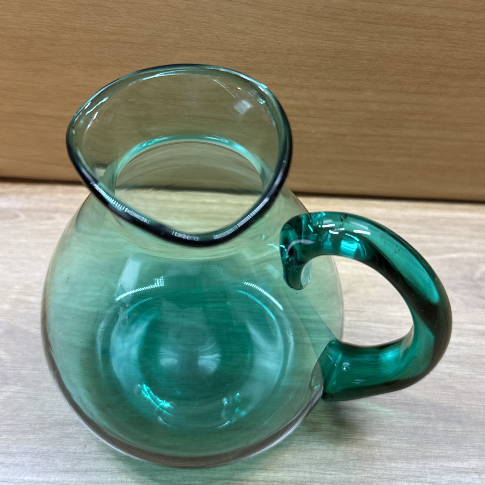 Teal green hand blown glass pitcher 5″ – See Photos For Details