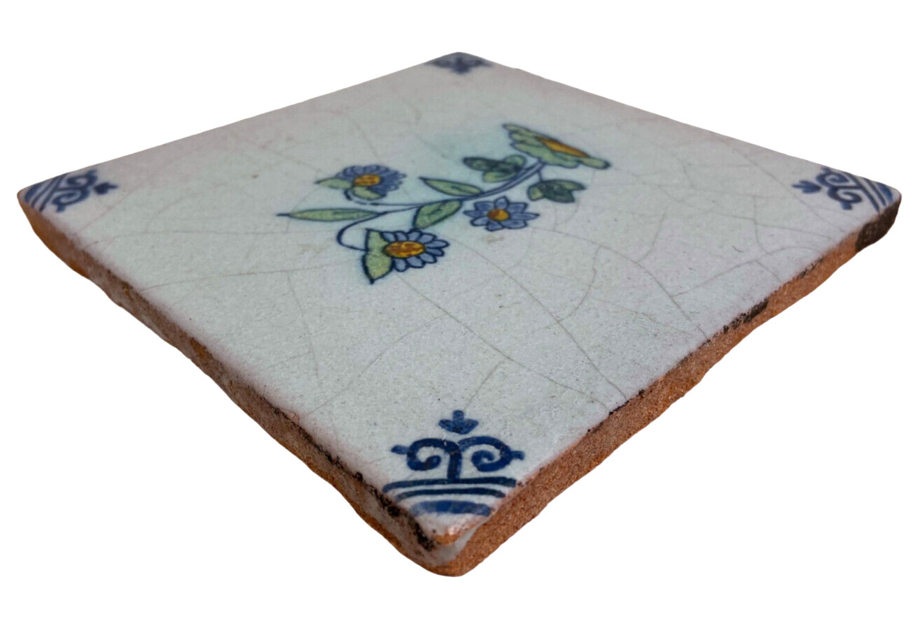 Antique Dutch Delft Tile 5.25″ x 5.25″ Handpainted Glazed Floral Crackle Glaze